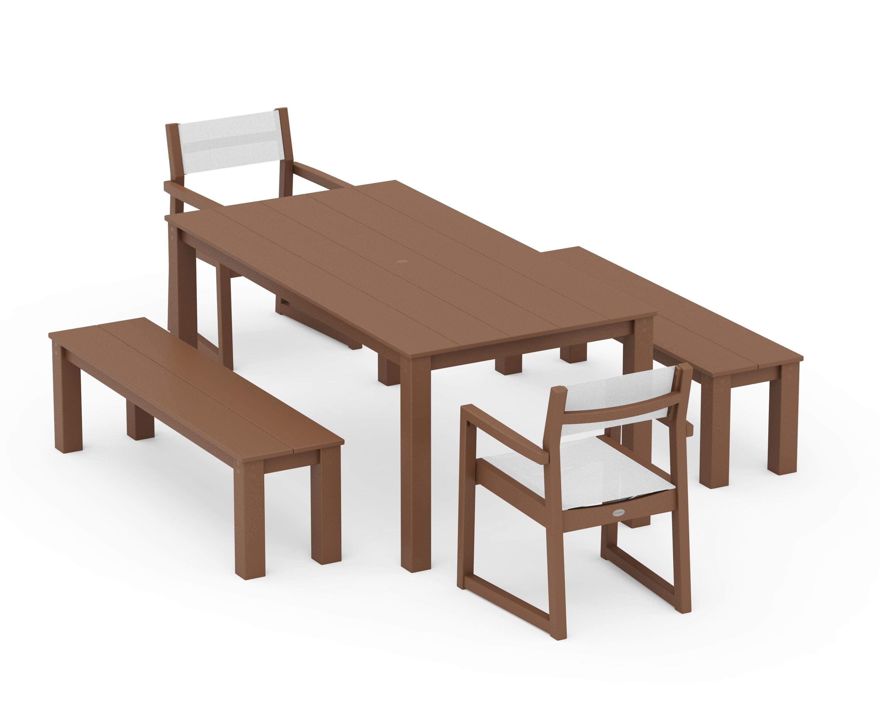 POLYWOOD EDGE Sling Arm Chair 5-Piece Parsons Dining Set with Benches in Teak / White Sling