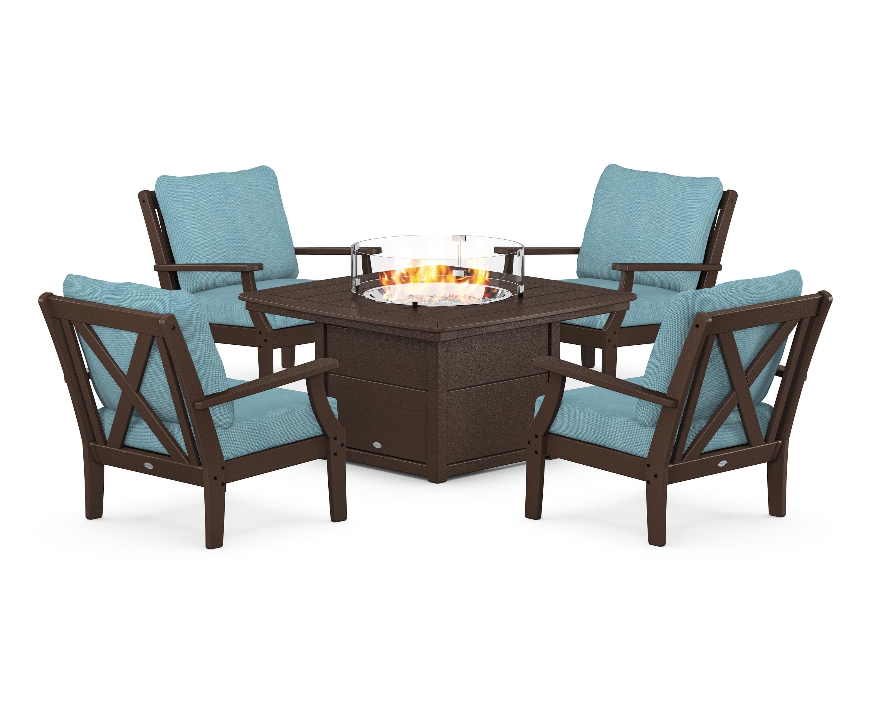 POLYWOOD Braxton 5-Piece Deep Seating Conversation Set with Fire Pit Table in Mahogany / Lattice Sky Blue