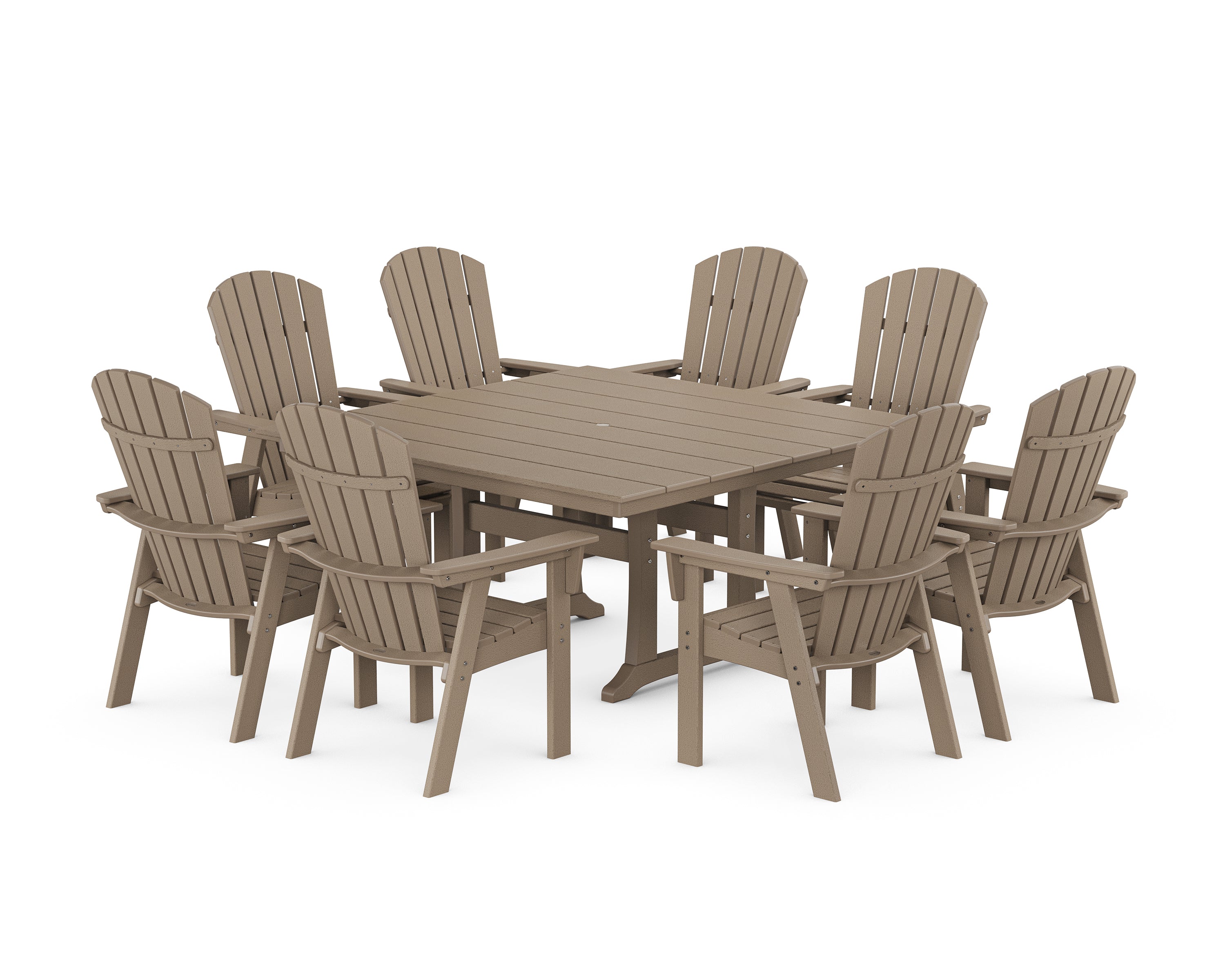 POLYWOOD Nautical Curveback Adirondack 9-Piece Square Dining Set with Trestle Legs in Vintage Sahara