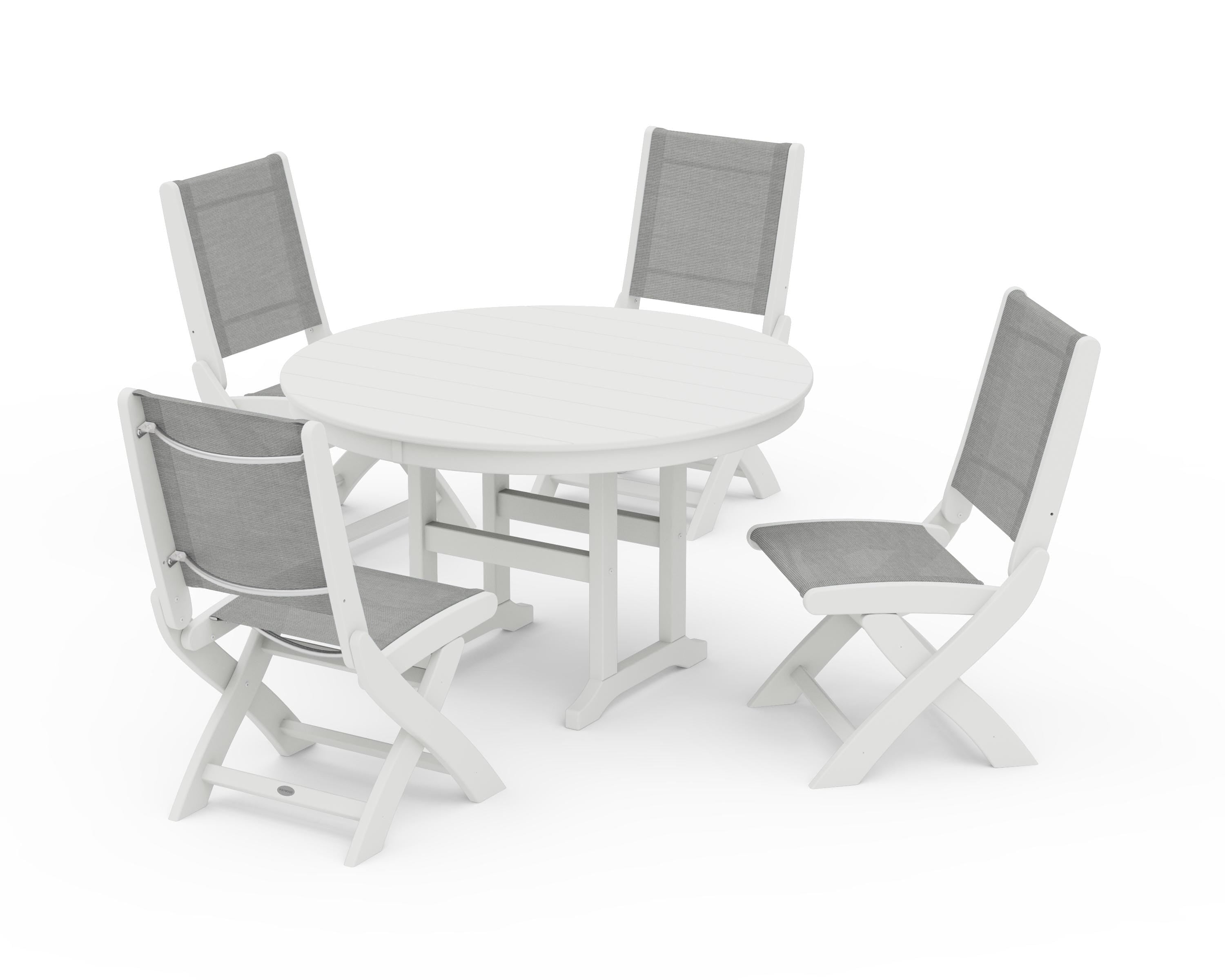POLYWOOD Coastal Folding Side Chair 5-Piece Round Dining Set in Vintage White / Metallic Sling
