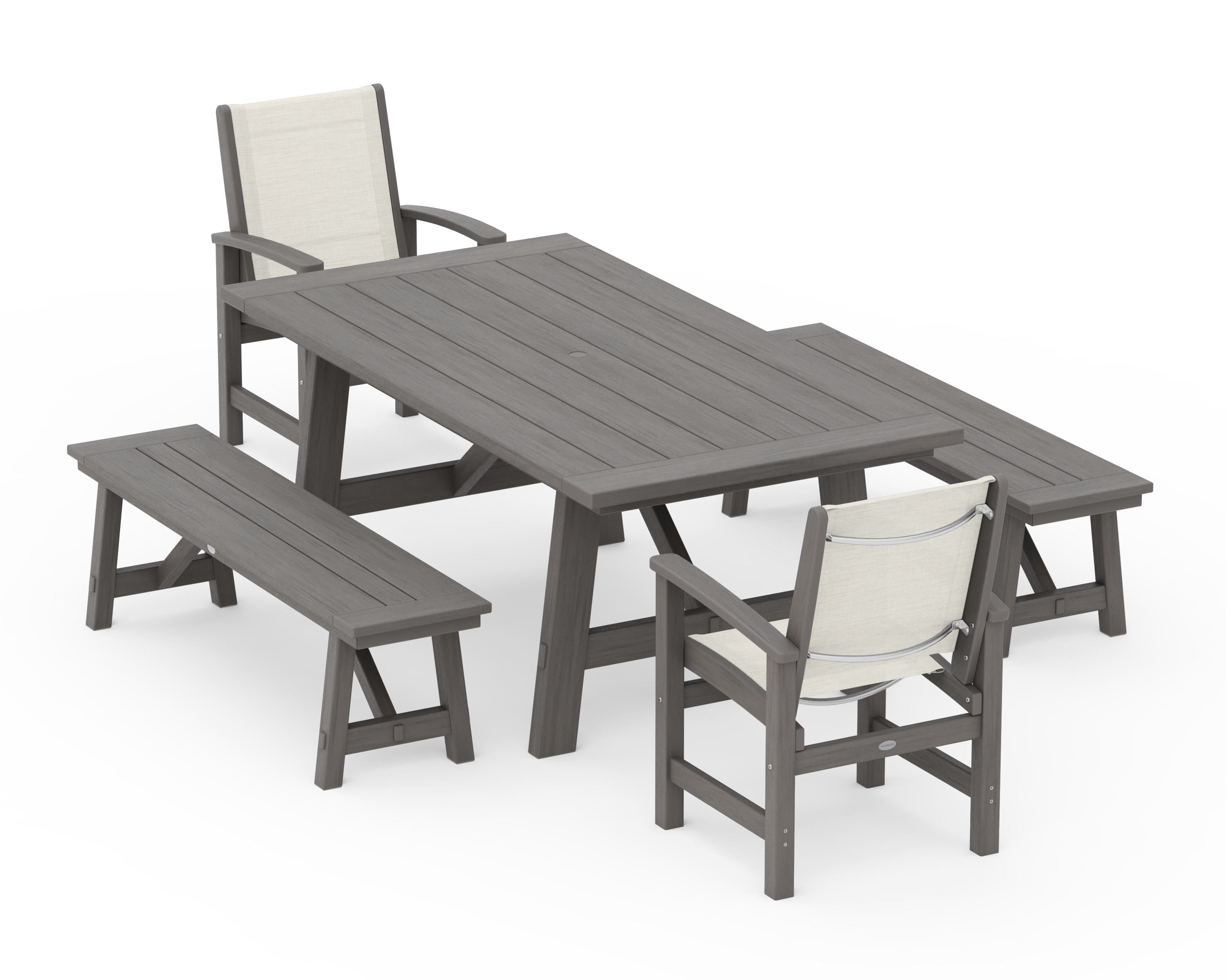POLYWOOD Coastal 5-Piece Rustic Farmhouse Dining Set With Benches in Driftwood / Parchment Sling