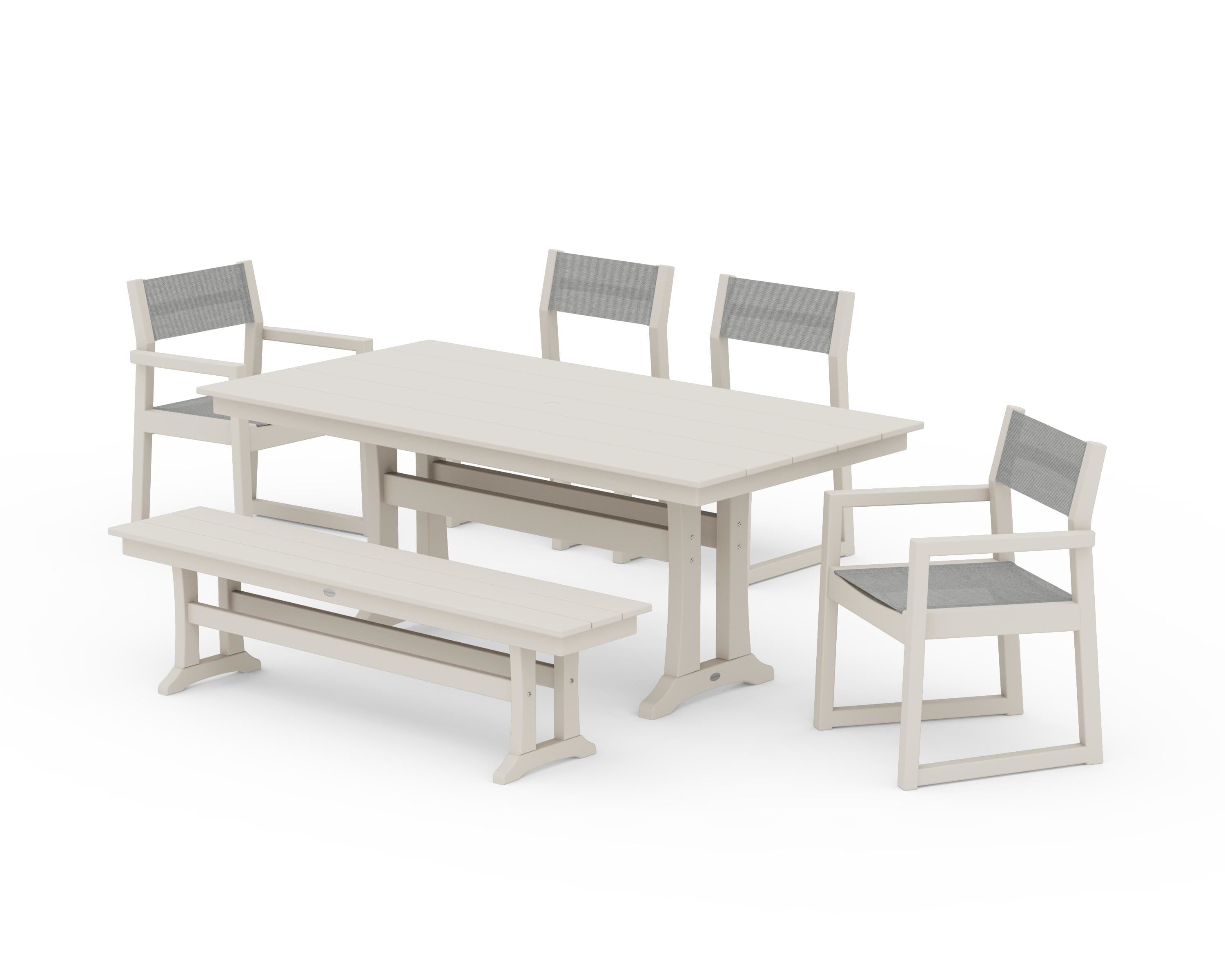 POLYWOOD EDGE Sling 6-Piece Farmhouse Dining Set With Trestle Legs in Sand / Metallic Sling