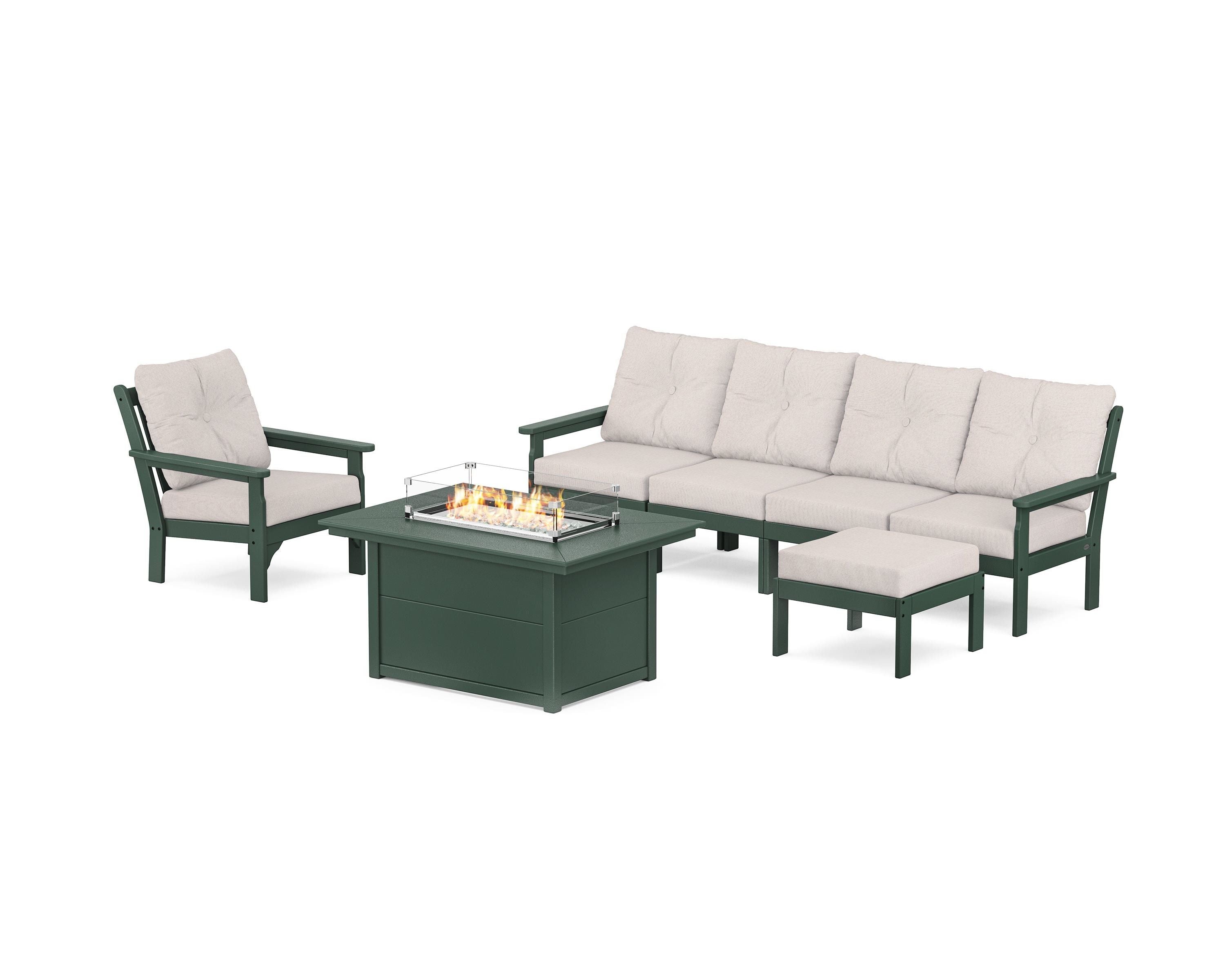 POLYWOOD Vineyard Sectional Lounge and Fire Pit Set in Green / Dune Burlap