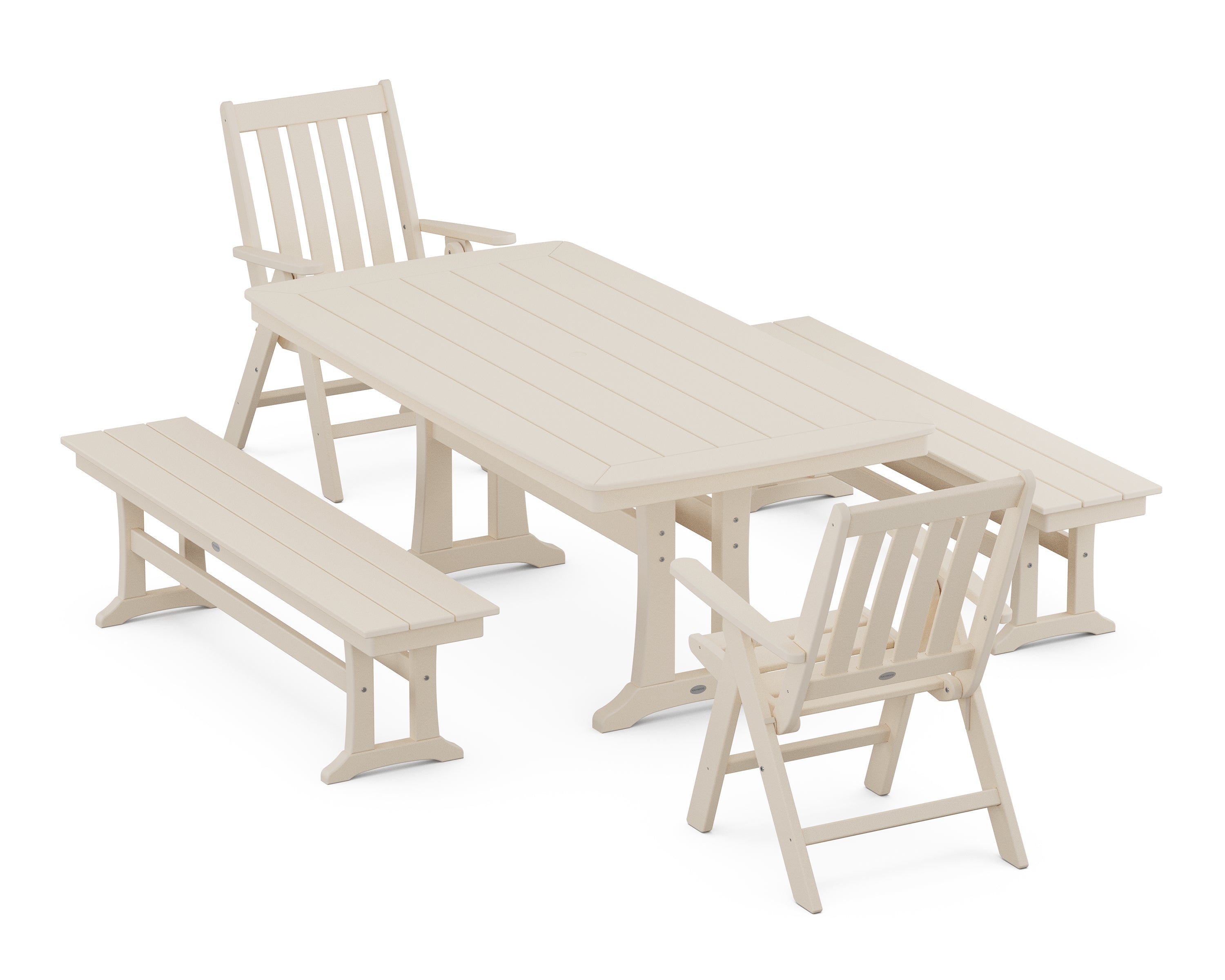 POLYWOOD® Vineyard Folding Chair 5-Piece Dining Set with Trestle Legs and Benches in Sand