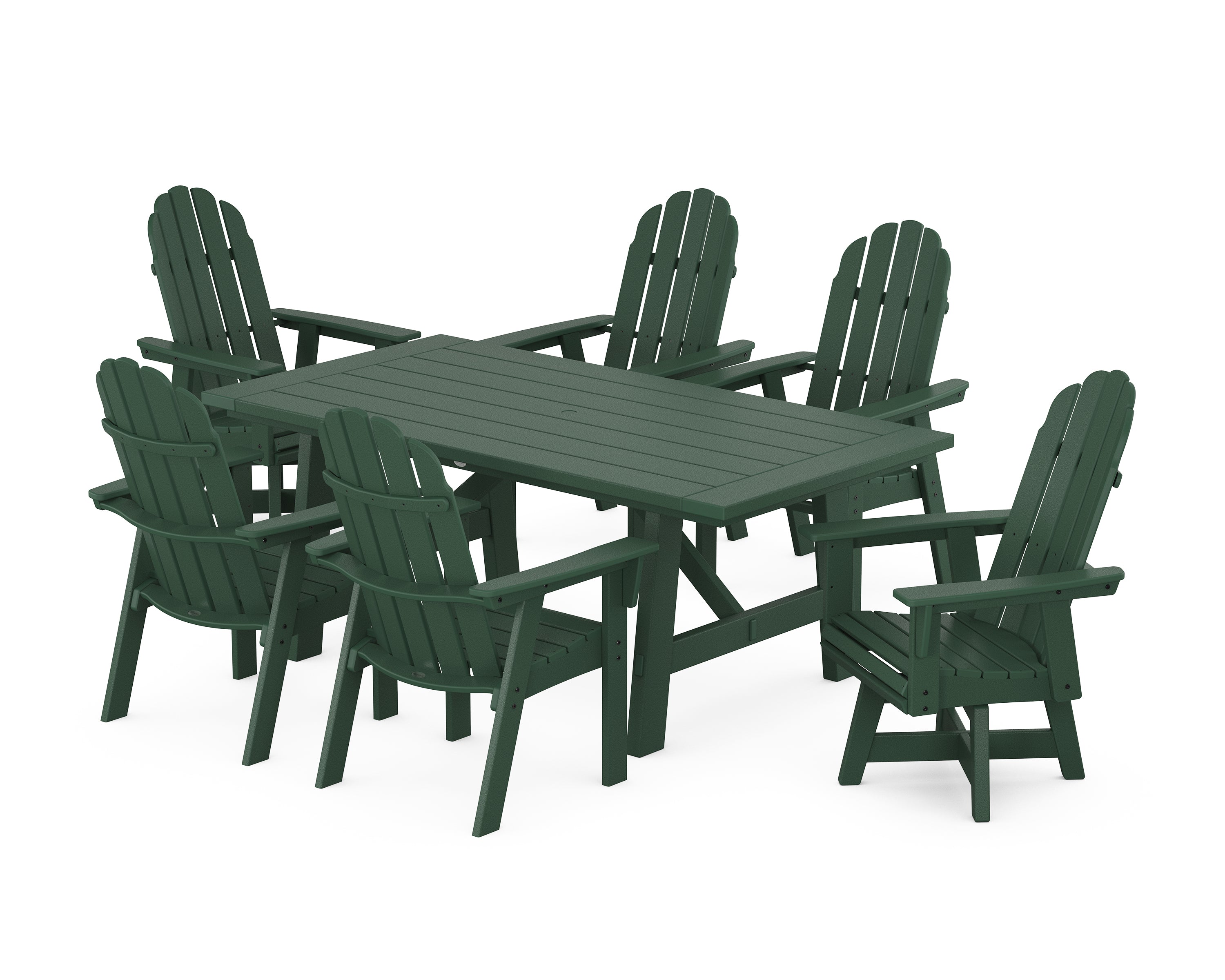 POLYWOOD® Vineyard Curveback Adirondack Swivel Chair 7-Piece Rustic Farmhouse Dining Set in Green