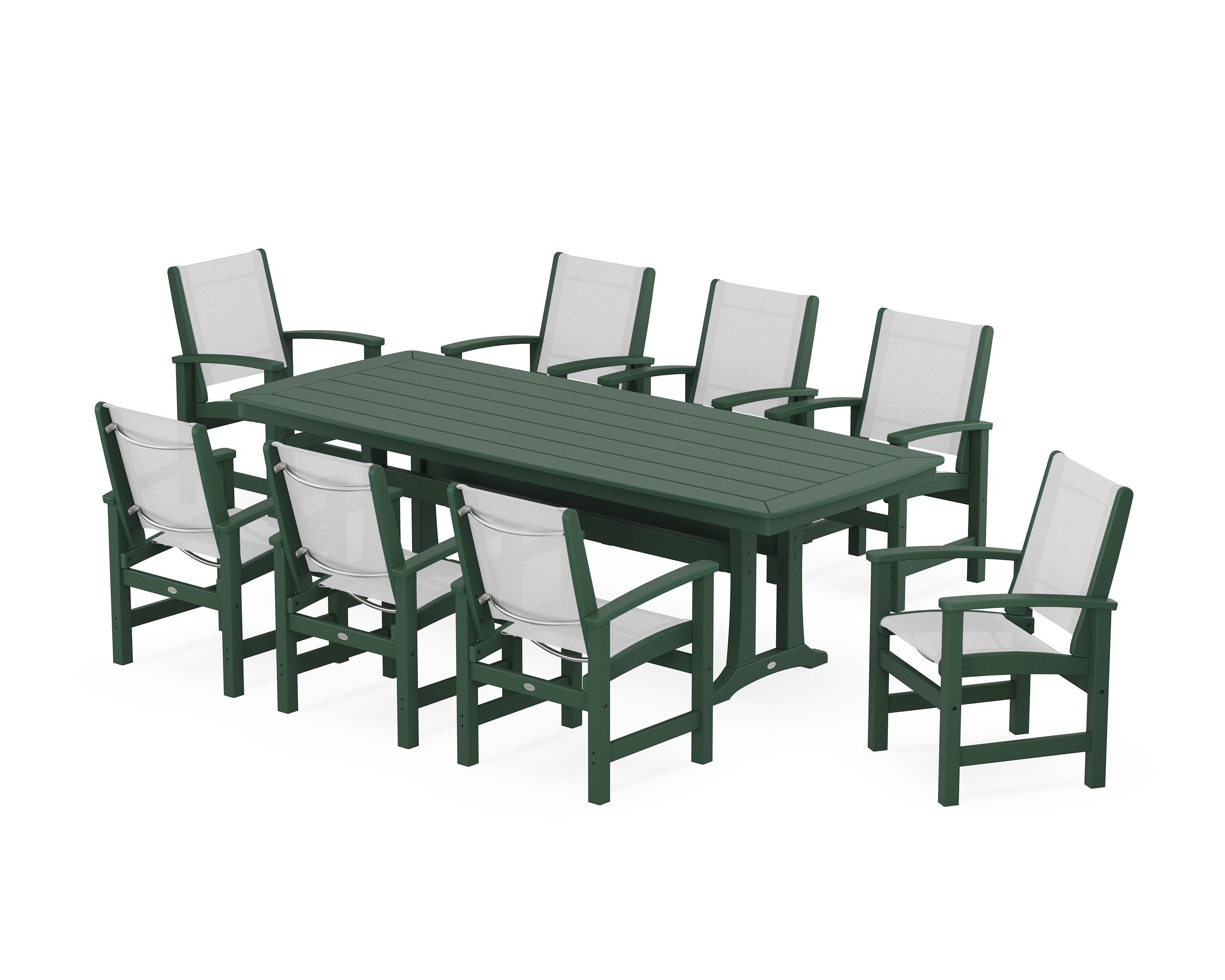 POLYWOOD Coastal 9-Piece Dining Set with Trestle Legs in Green / White Sling