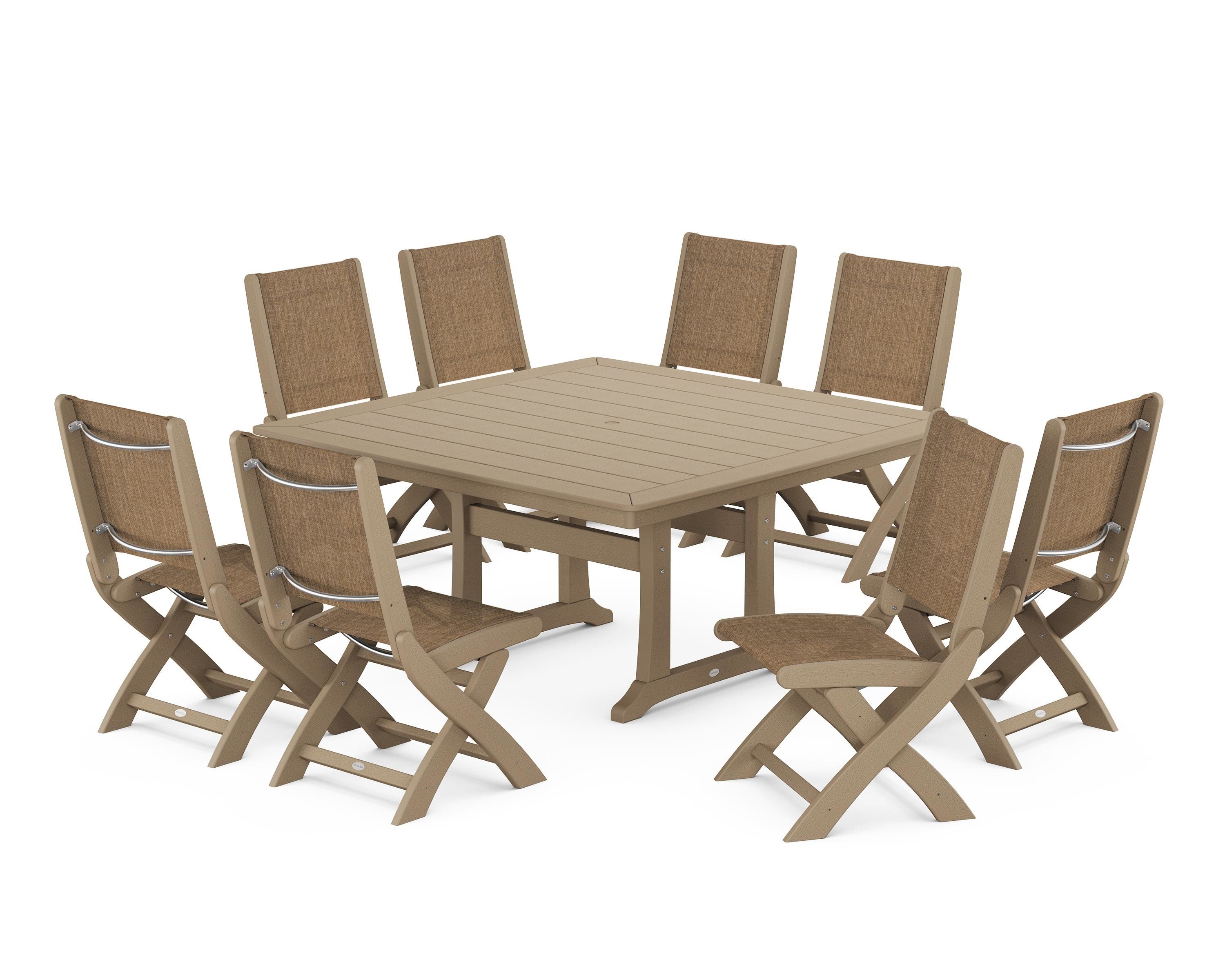 POLYWOOD Coastal Folding Side Chair 9-Piece Dining Set with Trestle Legs in Vintage Sahara / Burlap Sling