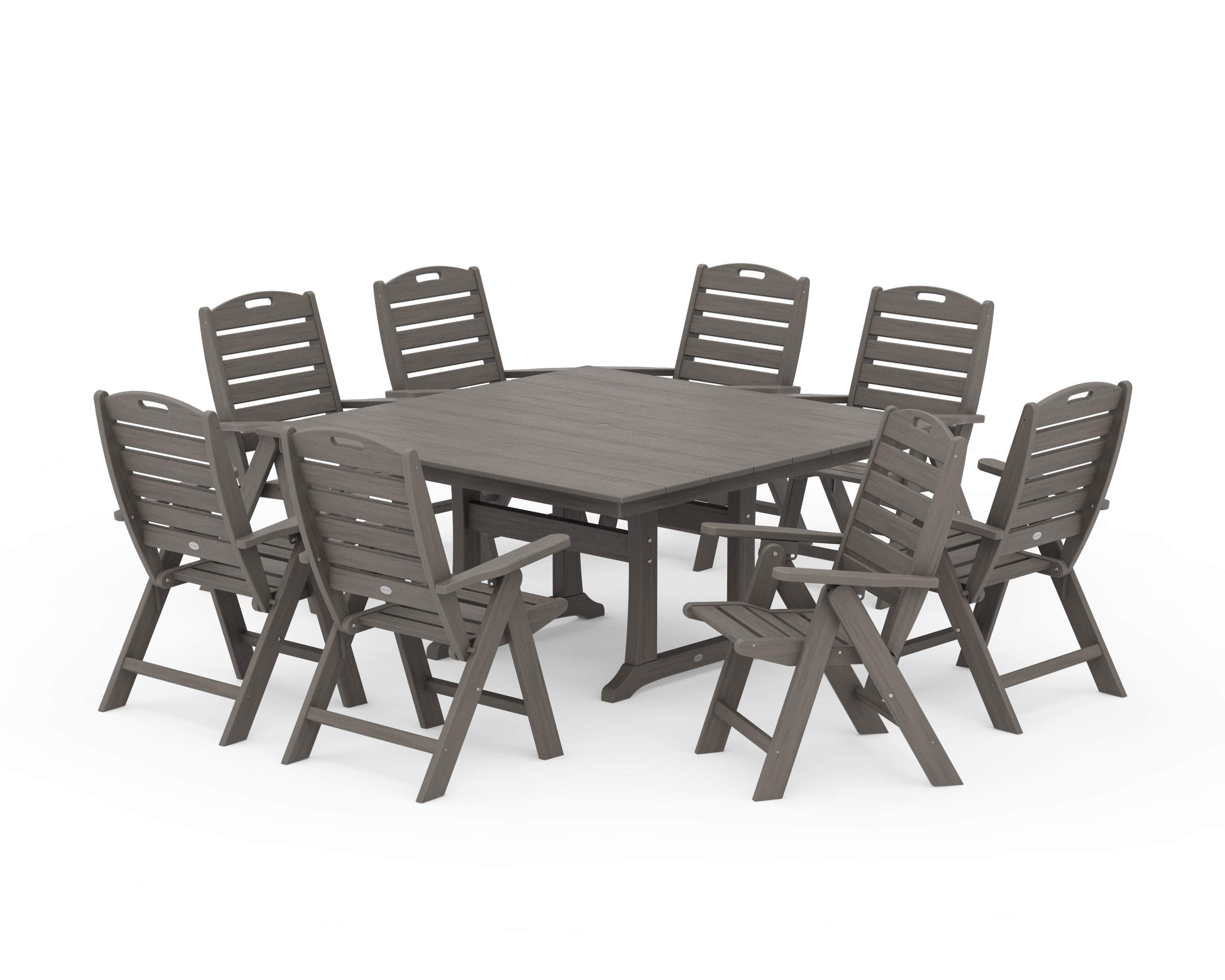 POLYWOOD Nautical Highback 9-Piece Square Farmhouse Dining Set with Trestle Legs in Driftwood