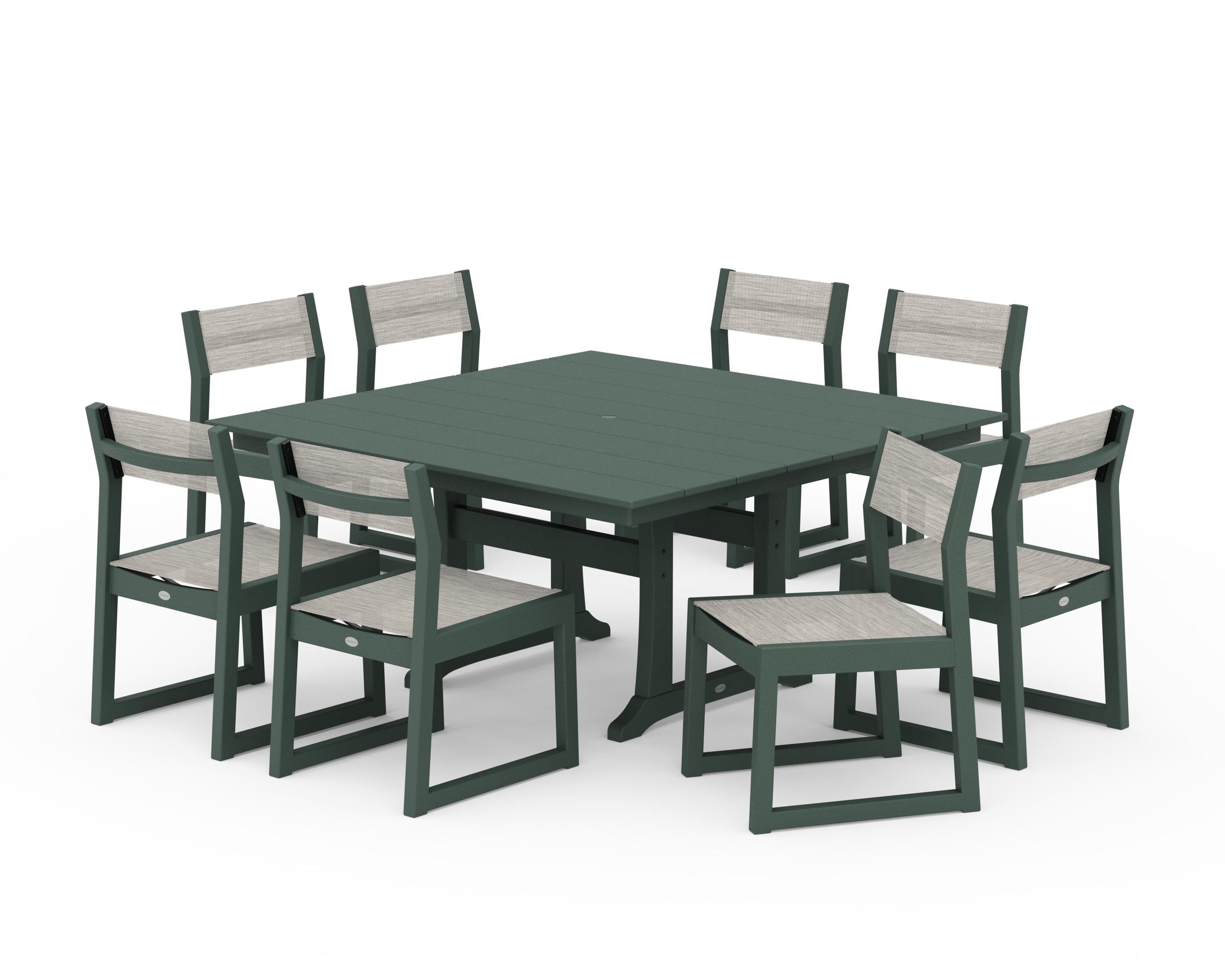 POLYWOOD EDGE Sling Side Chair 9-Piece Farmhouse Trestle Dining Set in Green / Birch Sling