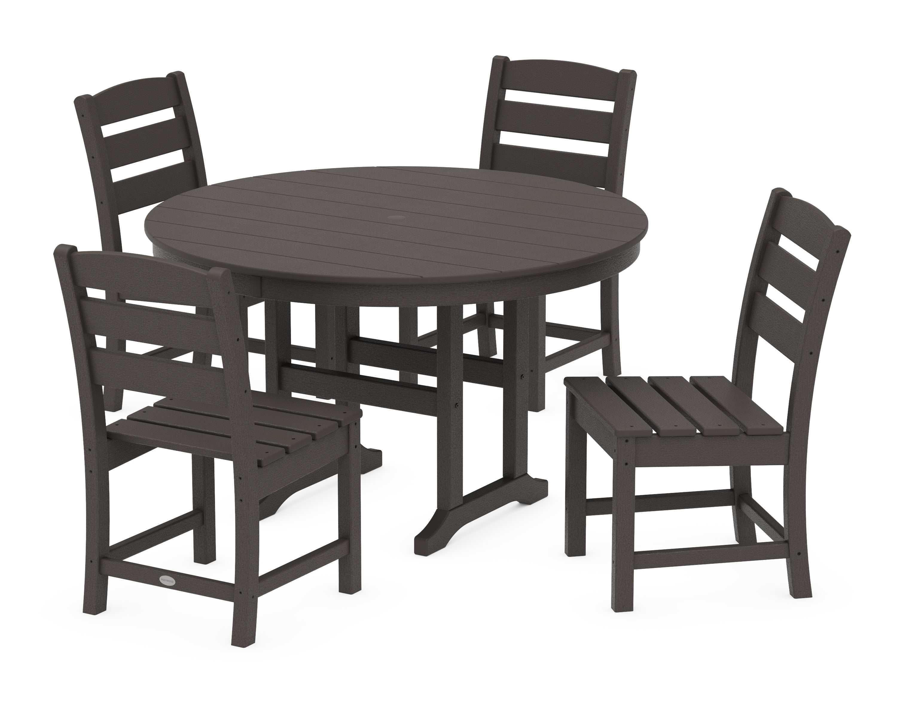 POLYWOOD Lakeside 5-Piece Round Farmhouse Side Chair Dining Set in Vintage Coffee