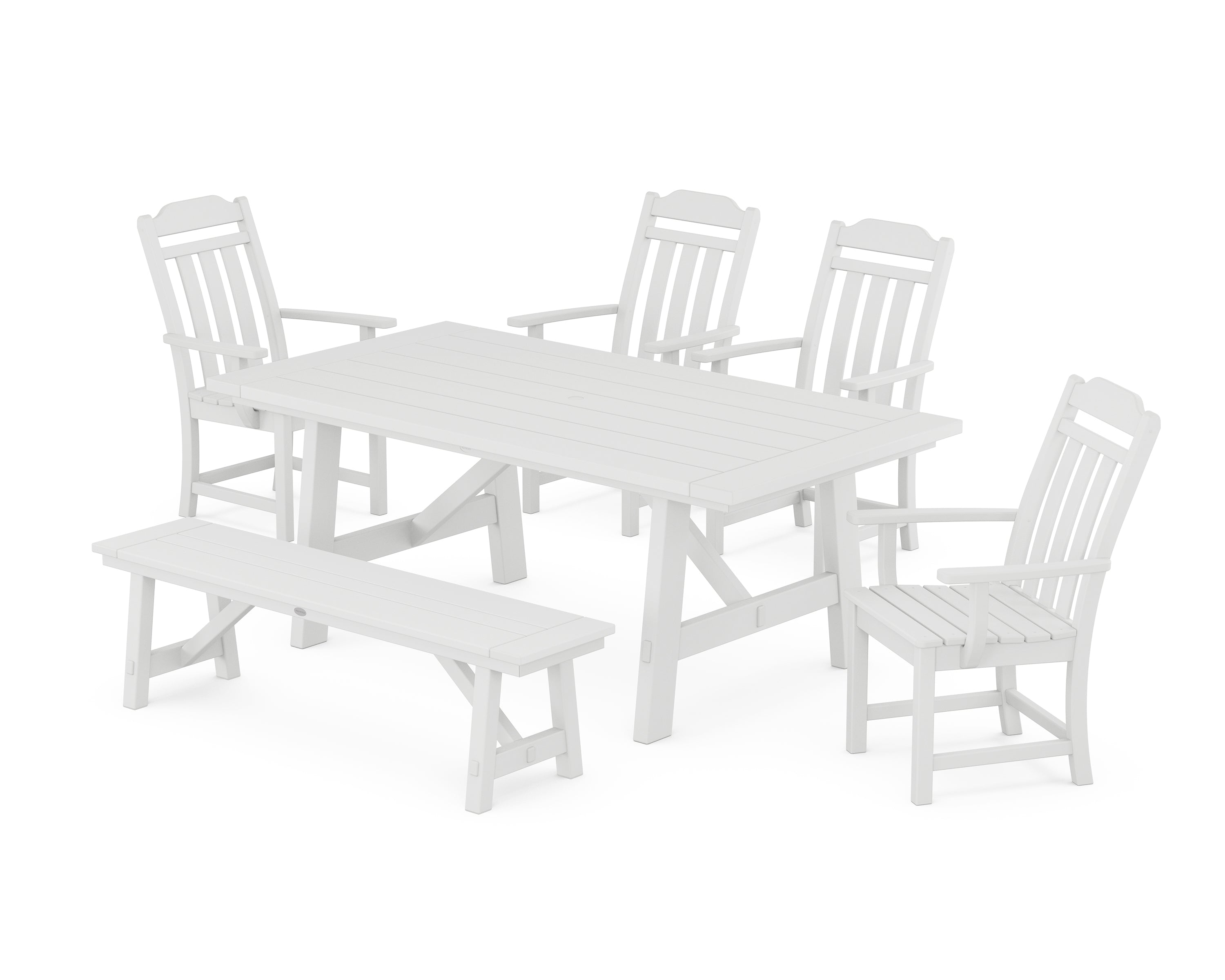 Polywood Country Living 6-Piece Rustic Farmhouse Dining Set with Bench in White