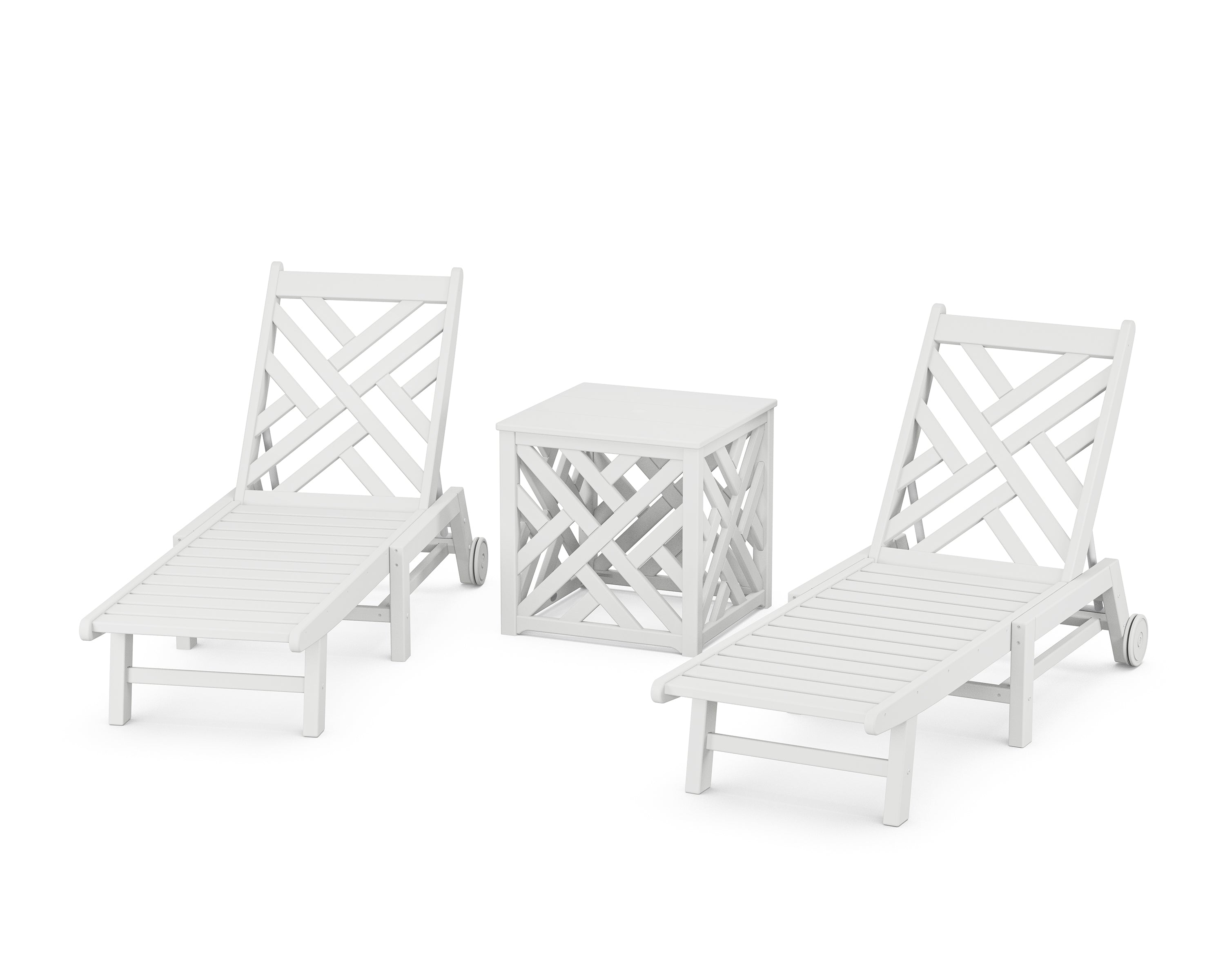 POLYWOOD Chippendale 3-Piece Chaise Set with Wheels and Umbrella Stand Accent Table in White
