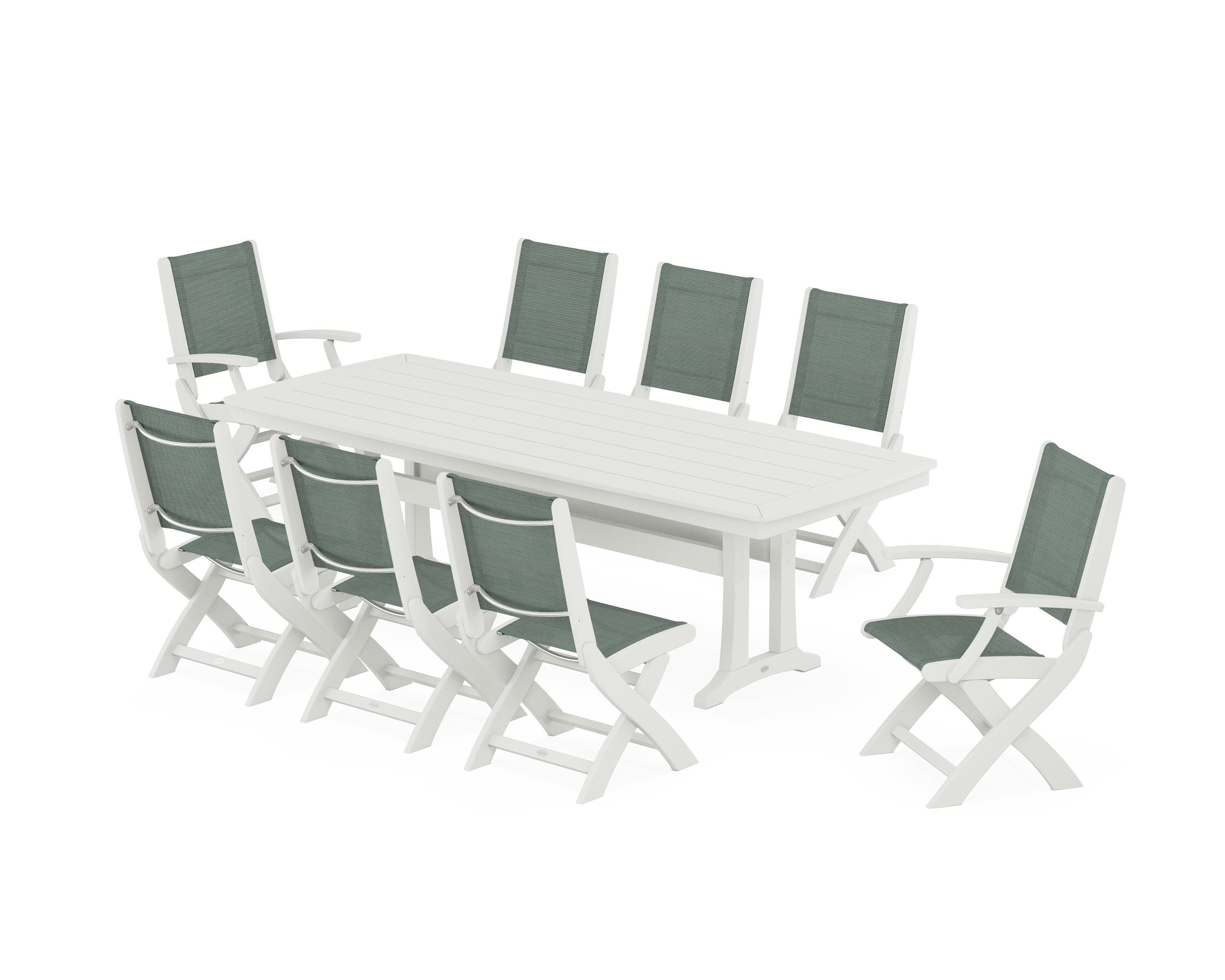 POLYWOOD Coastal Folding 9-Piece Dining Set with Trestle Legs in Vintage White / Dupioni Sea Mist Sling