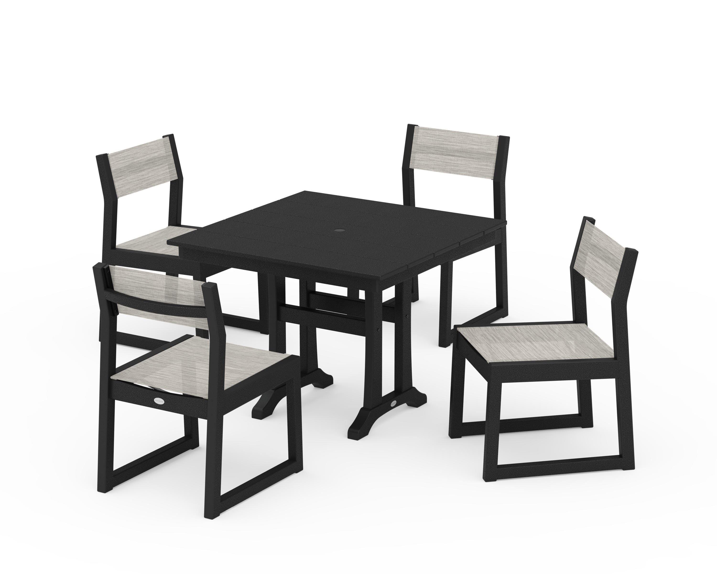 POLYWOOD EDGE Sling 5-Piece Farmhouse Trestle Side Chair Dining Set in Black / Birch Sling
