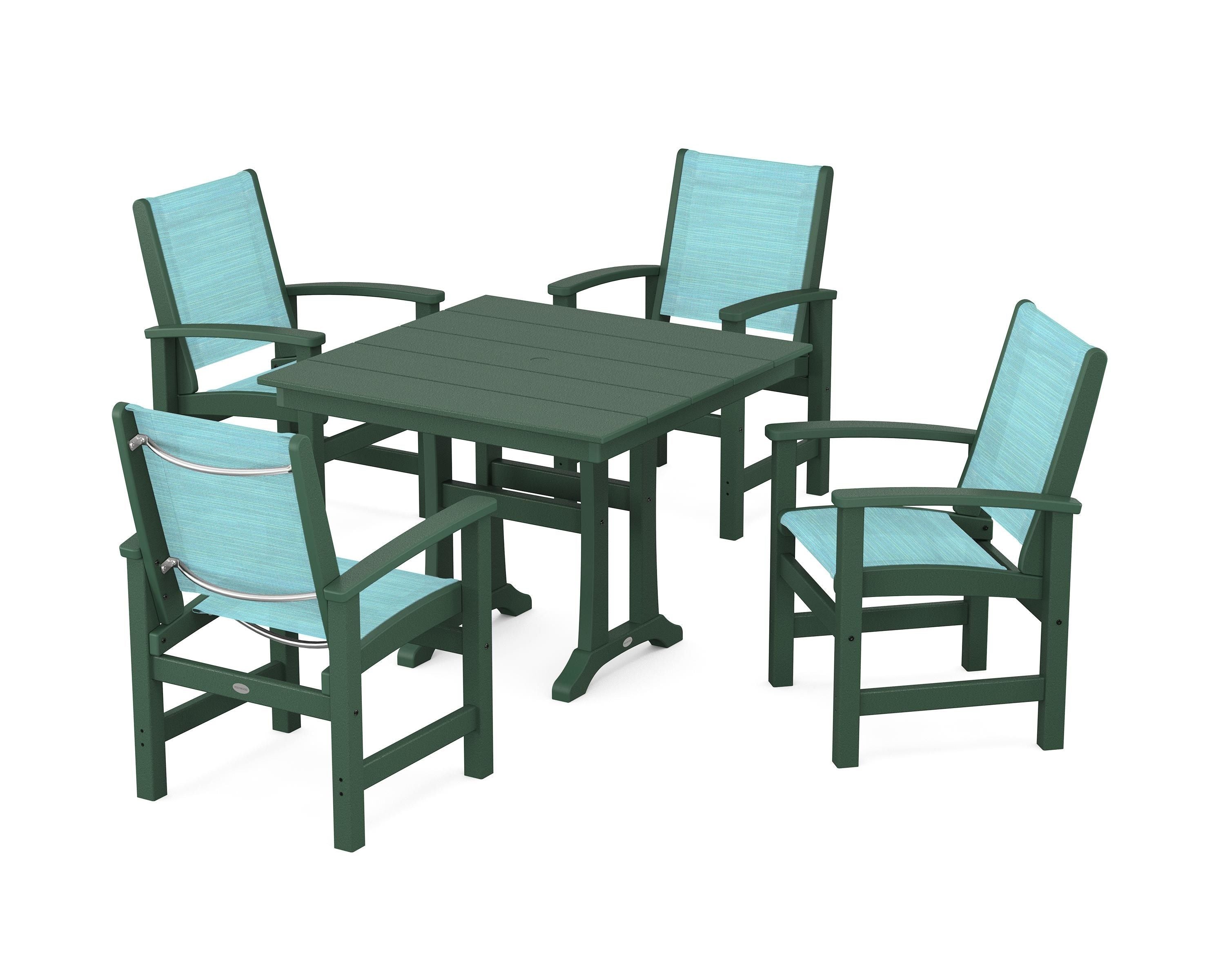 POLYWOOD Coastal 5-Piece Farmhouse Dining Set With Trestle Legs in Green / Dupioni Aquamarine Sling