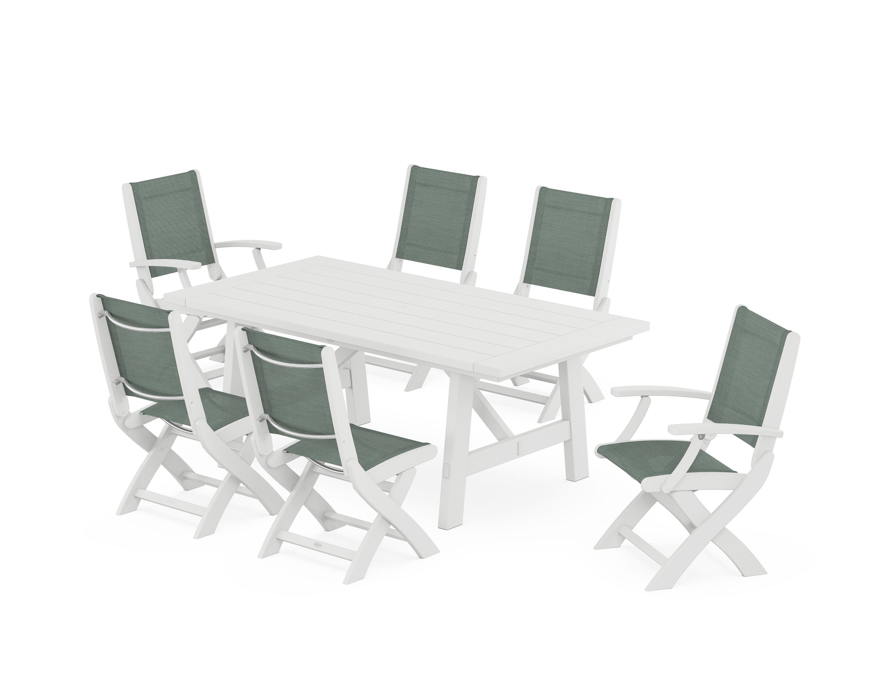 POLYWOOD Coastal Folding Chair 7-Piece Rustic Farmhouse Dining Set in White / Dupioni Sea Mist Sling