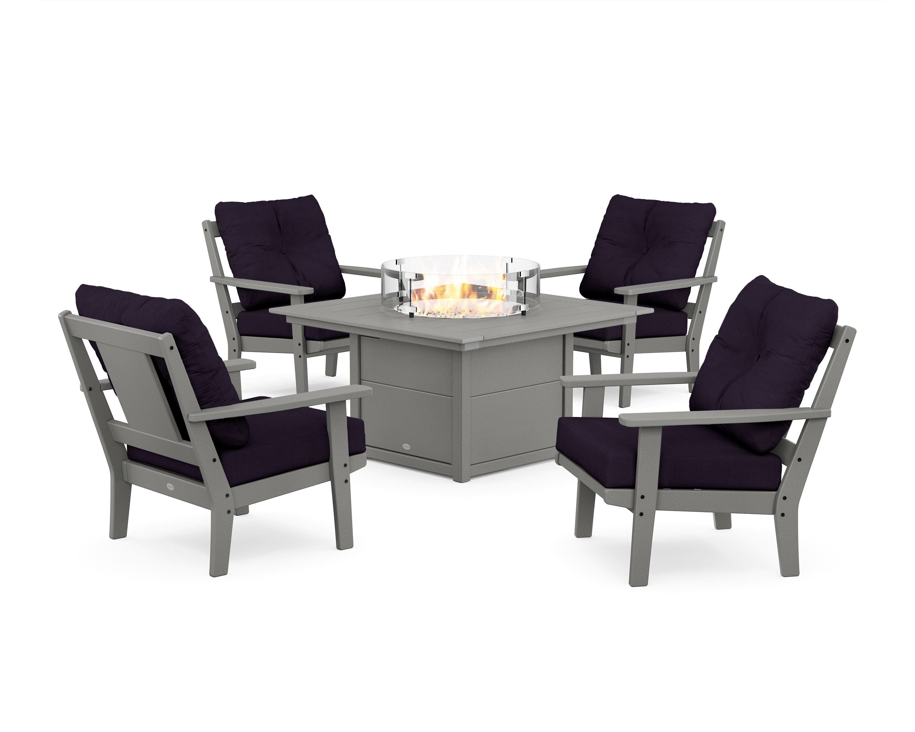 POLYWOOD Prairie 5-Piece Deep Seating Set with Fire Pit Table in Slate Grey / Navy Linen