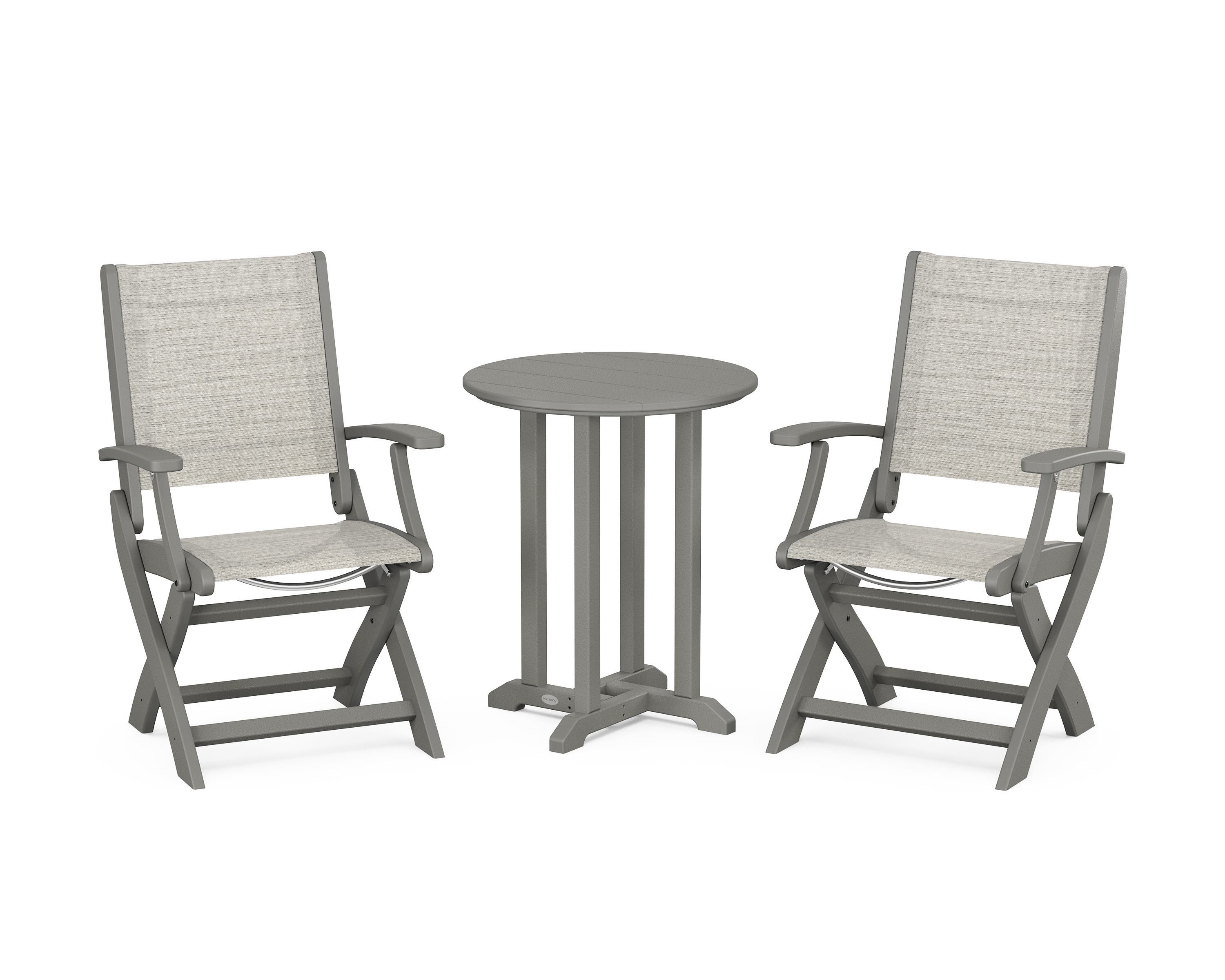 POLYWOOD Coastal Folding 3-Piece Round Bistro Dining Set in Slate Grey / Birch Sling