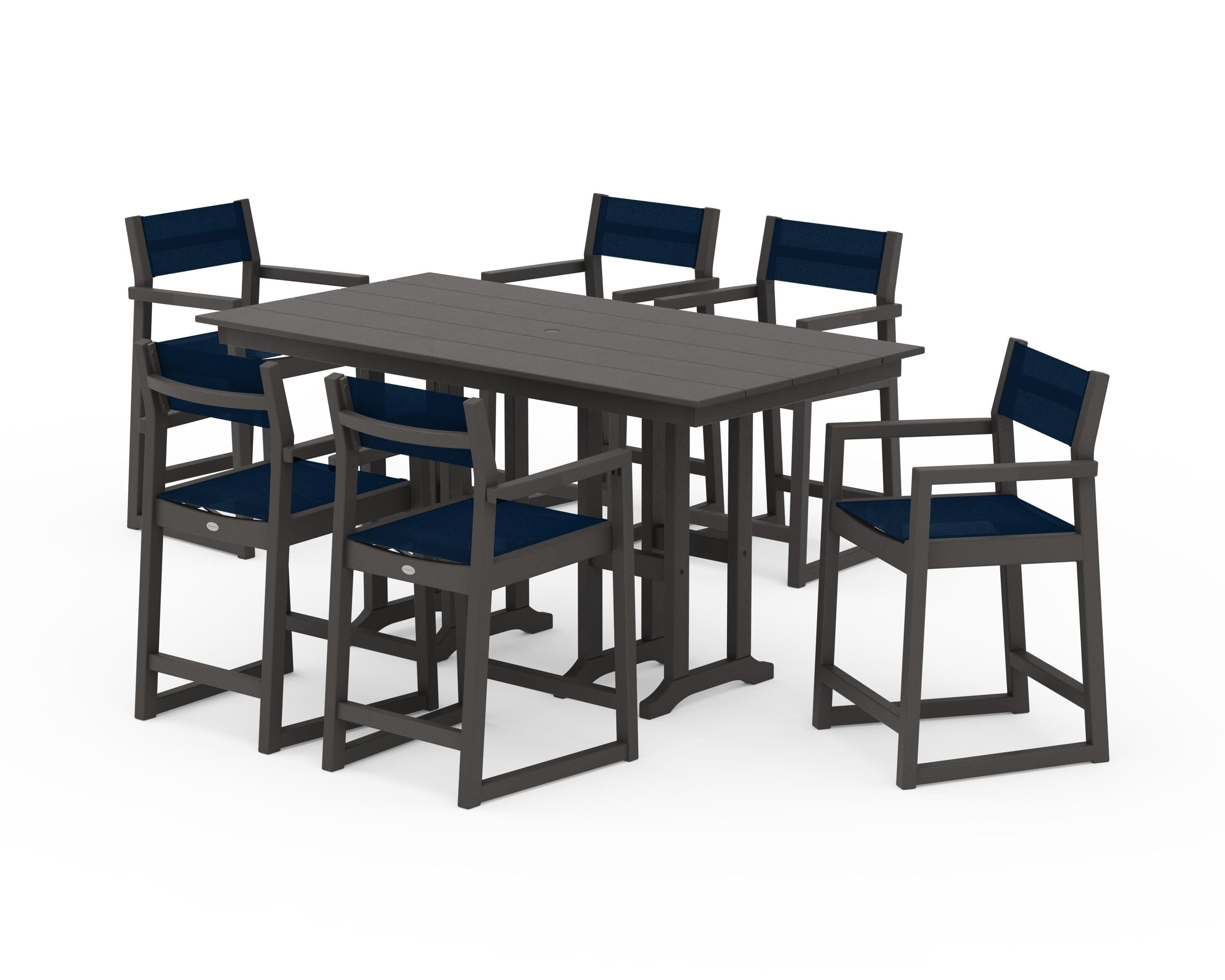 POLYWOOD EDGE Sling Arm Chair 7-Piece Farmhouse Counter Set in Vintage Coffee / Navy Blue Sling
