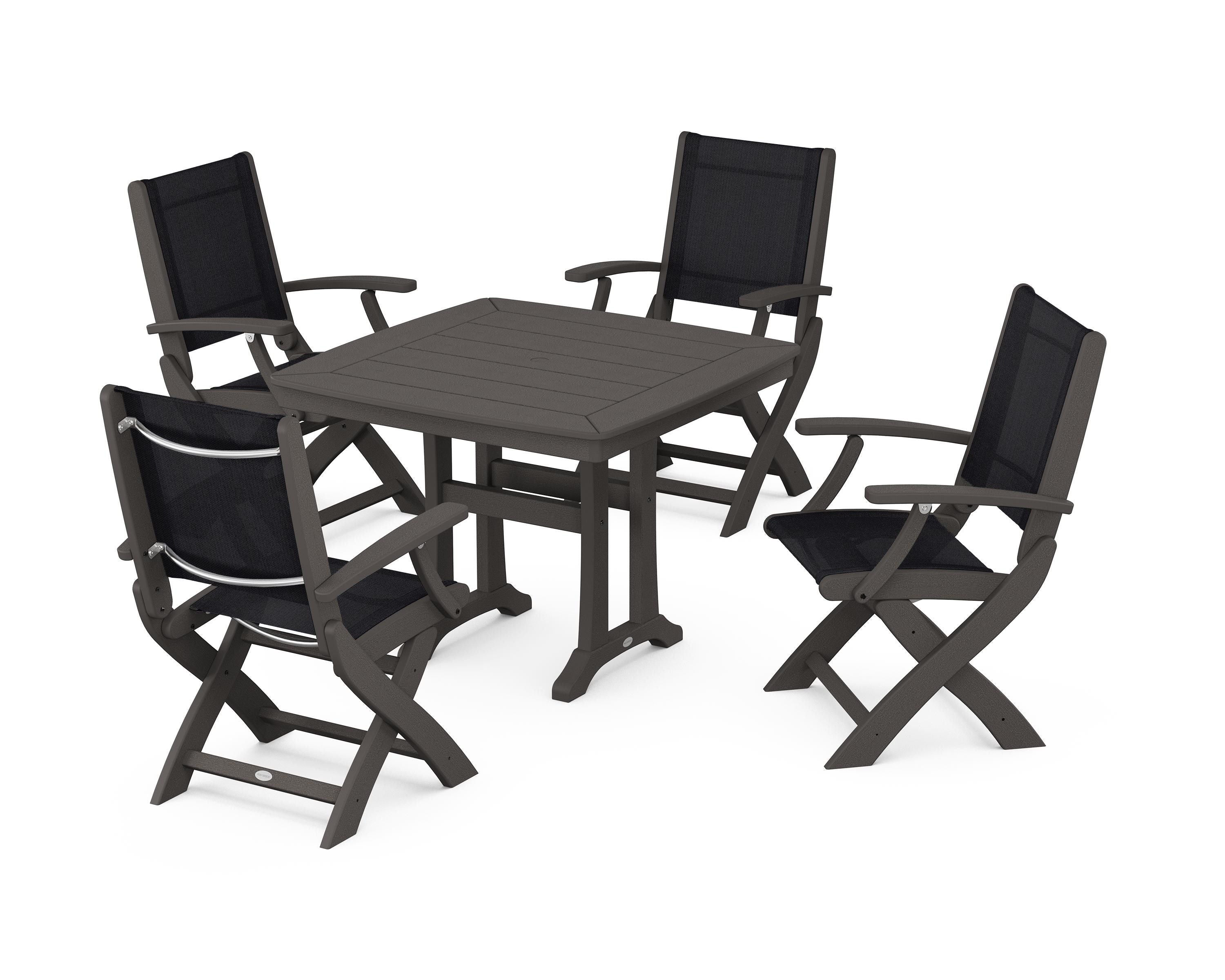 POLYWOOD Coastal Folding Chair 5-Piece Dining Set with Trestle Legs in Vintage Coffee / Black Sling