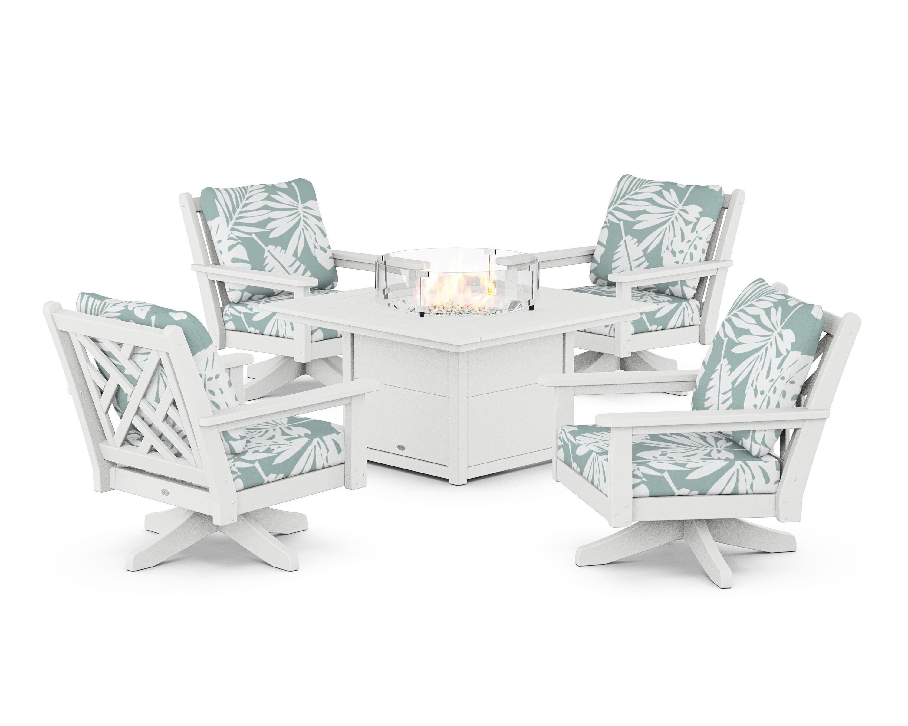 POLYWOOD Chippendale 5-Piece Deep Seating Swivel Conversation Set with Fire Pit Table in White / Leaf Glacier Spa