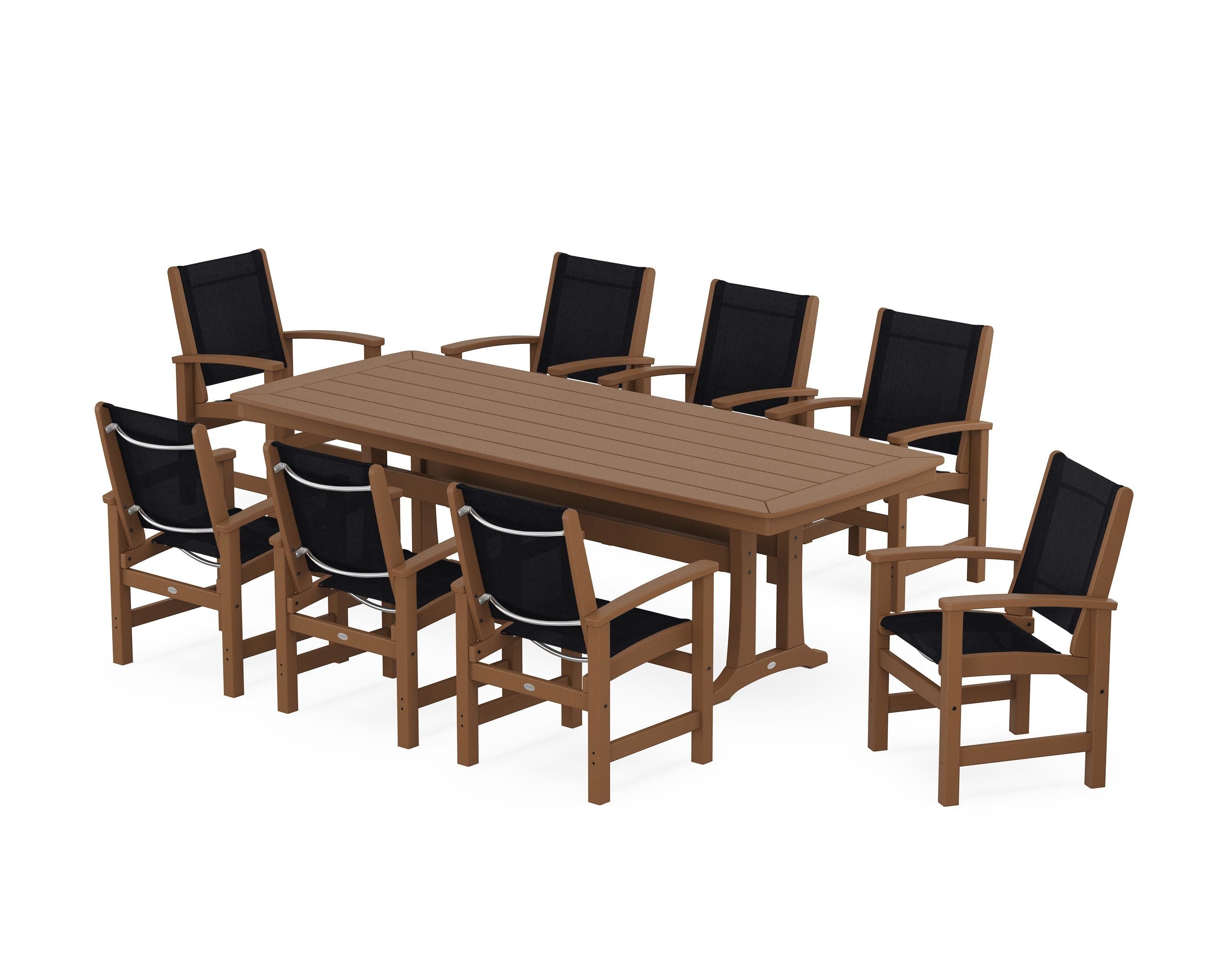 POLYWOOD Coastal 9-Piece Dining Set with Trestle Legs in Teak / Black Sling