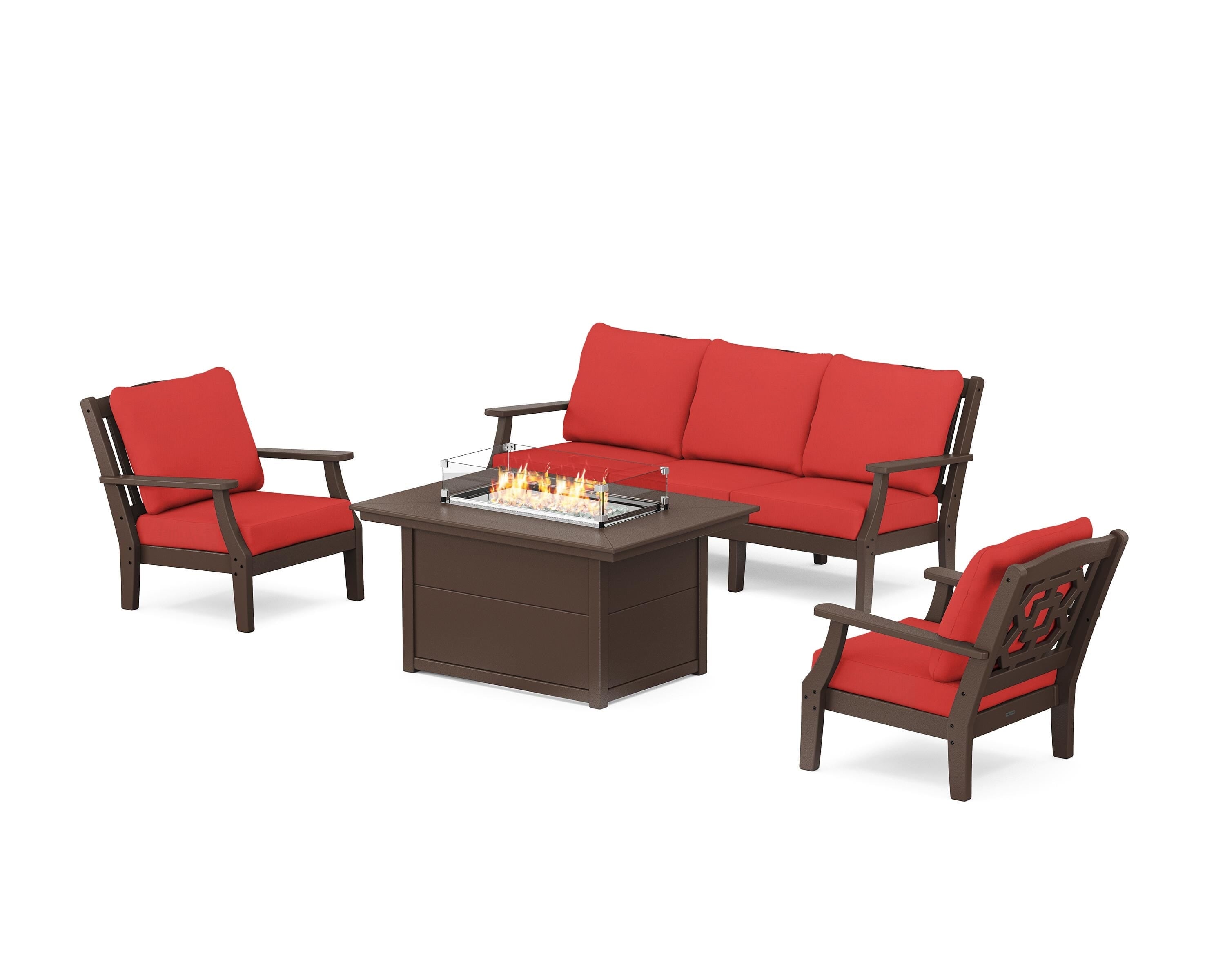 Martha Stewart by POLYWOOD Chinoiserie Deep Seating Fire Pit Table Set in Mahogany / Crimson Linen