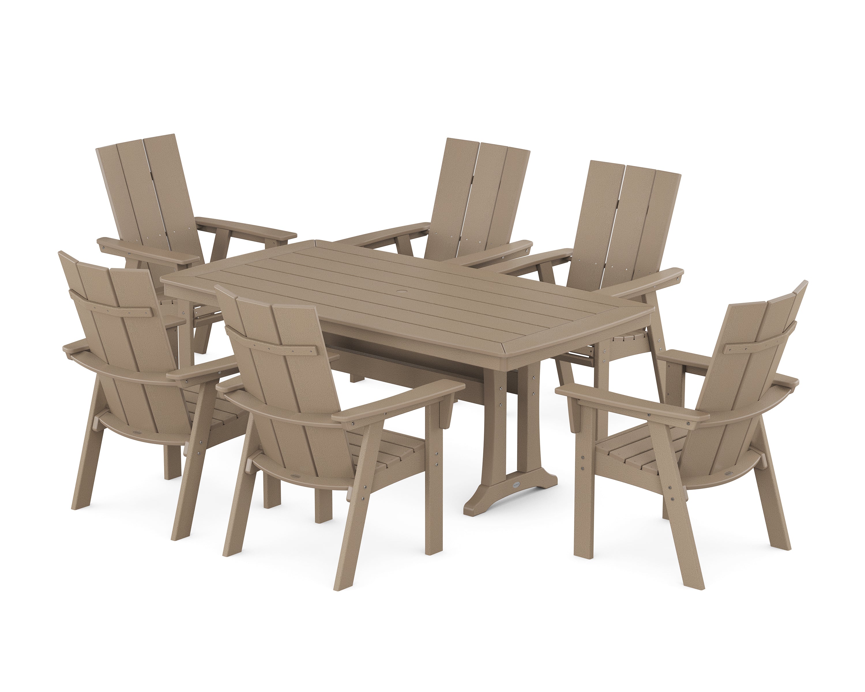 POLYWOOD Modern Curveback Adirondack 7-Piece Dining Set with Trestle Legs in Vintage Sahara