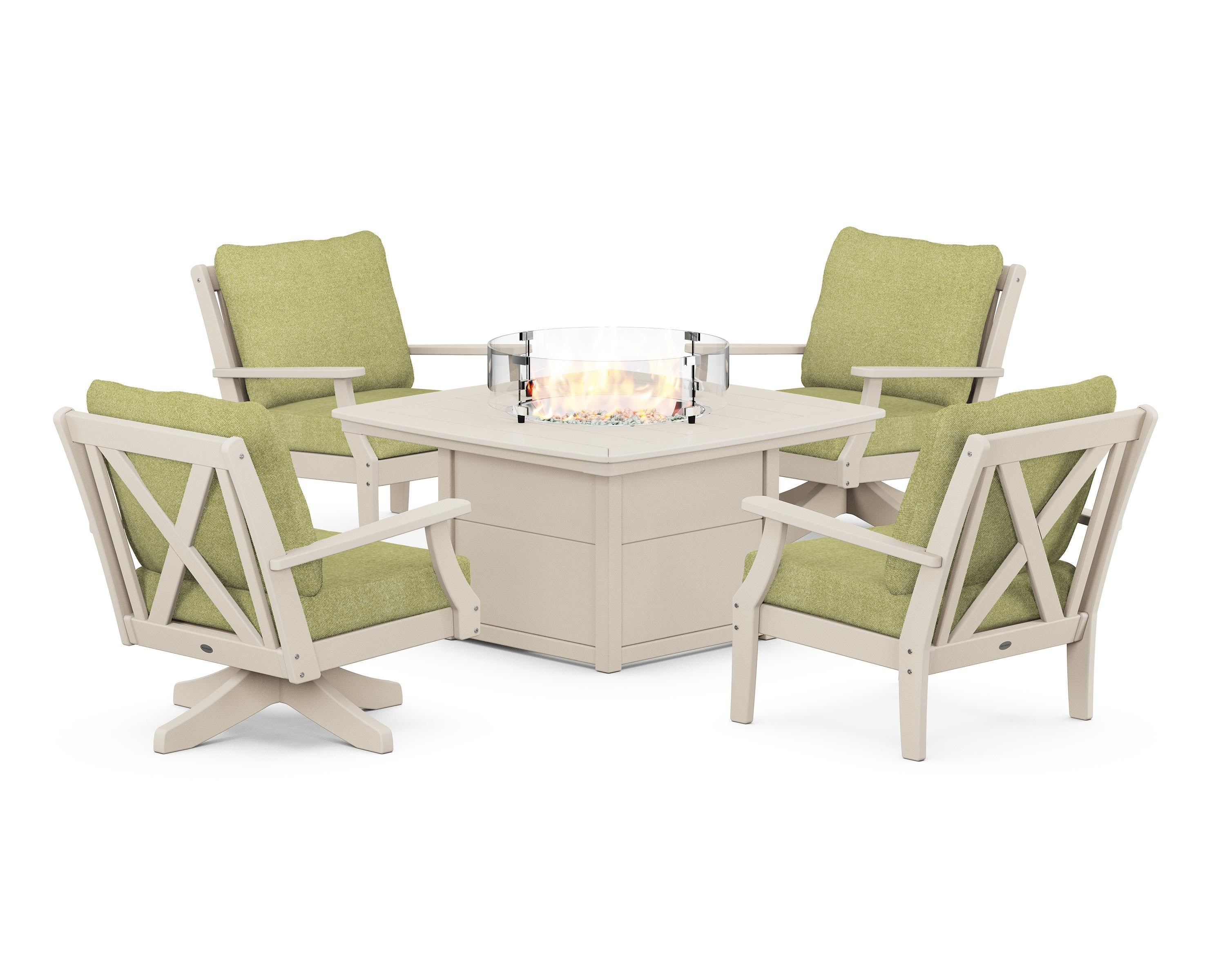 POLYWOOD Braxton 5-Piece Deep Seating Set with Fire Table in Sand / Chartreuse Boucle