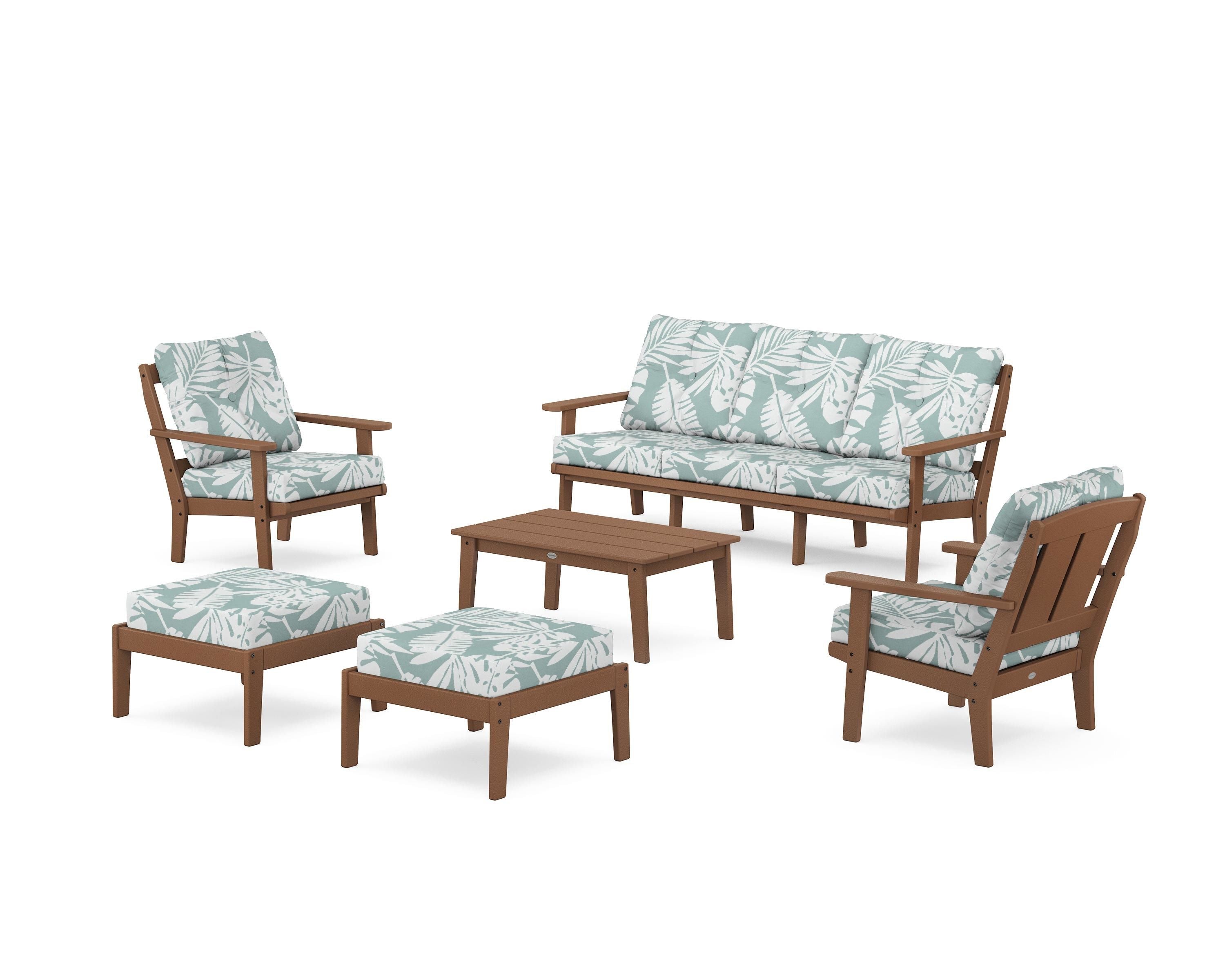 POLYWOOD Mission 6-Piece Lounge Sofa Set in Teak / Leaf Glacier Spa