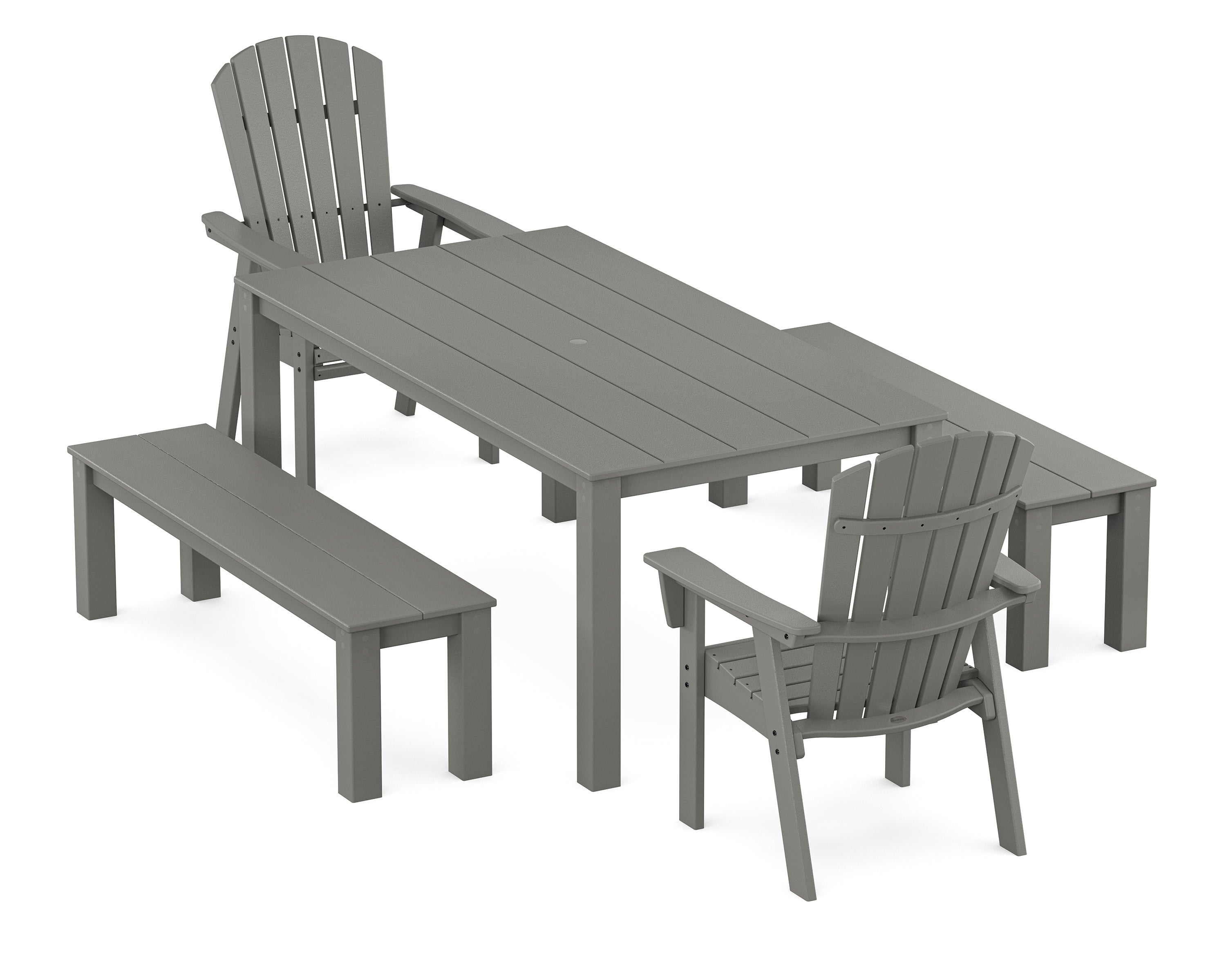 POLYWOOD® Nautical Curveback Adirondack 5-Piece Parsons Dining Set with Benches in Slate Grey