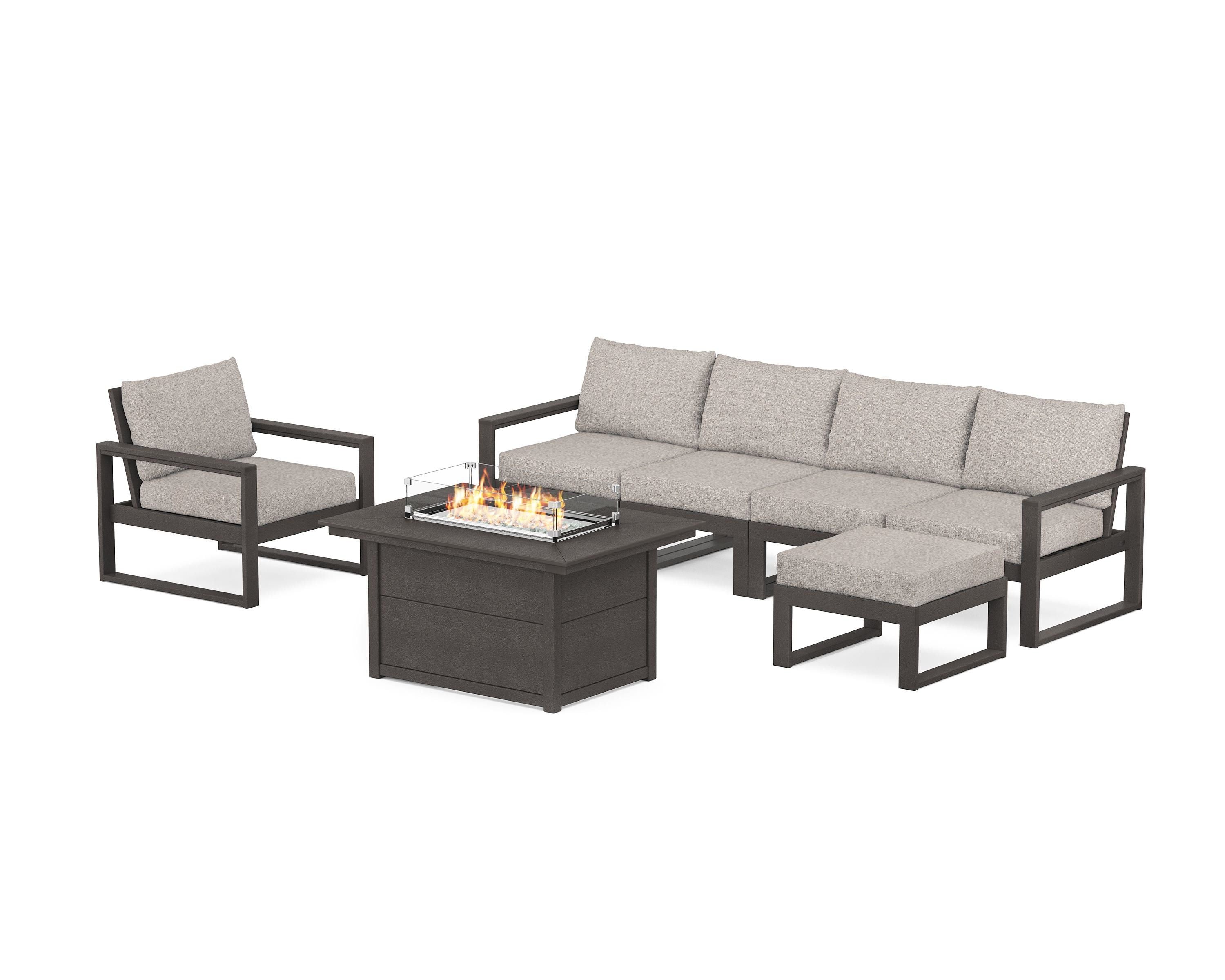 POLYWOOD EDGE Sectional Lounge and Fire Pit Set in Vintage Coffee / Weathered Tweed