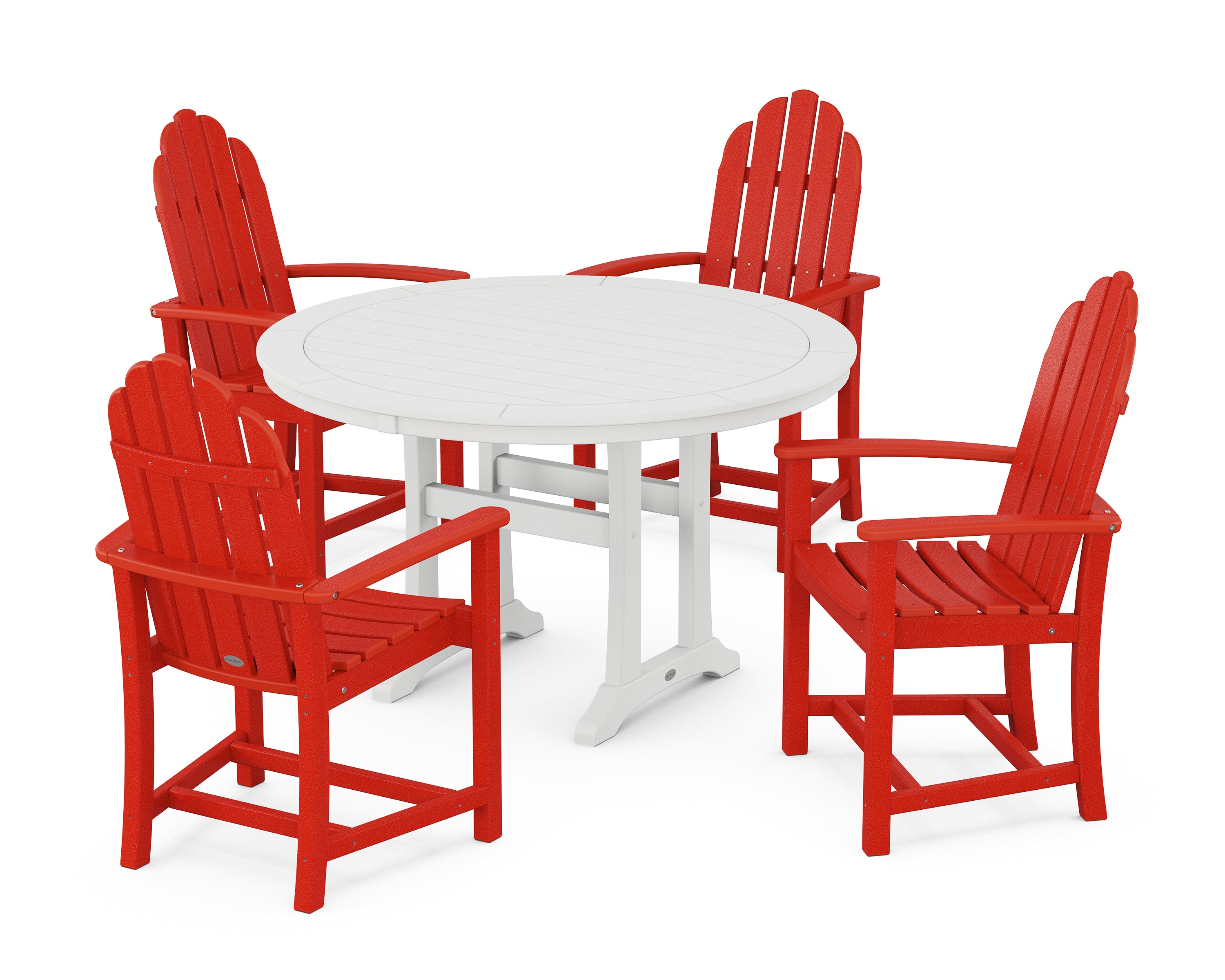 POLYWOOD® Classic Adirondack 5-Piece Round Dining Set with Trestle Legs in Sunset Red / White