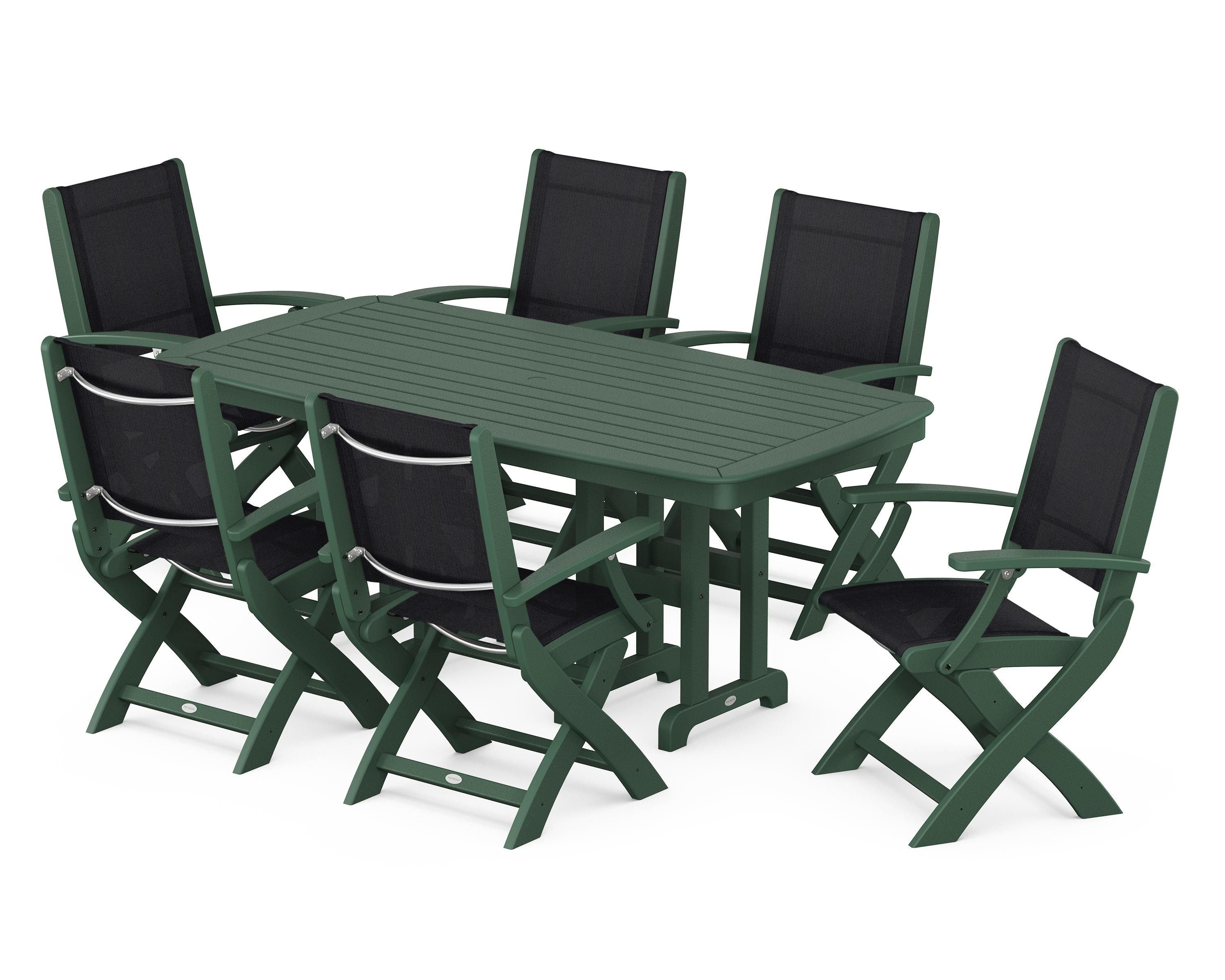 POLYWOOD Coastal Folding Arm Chair 7-Piece Dining Set in Green / Black Sling