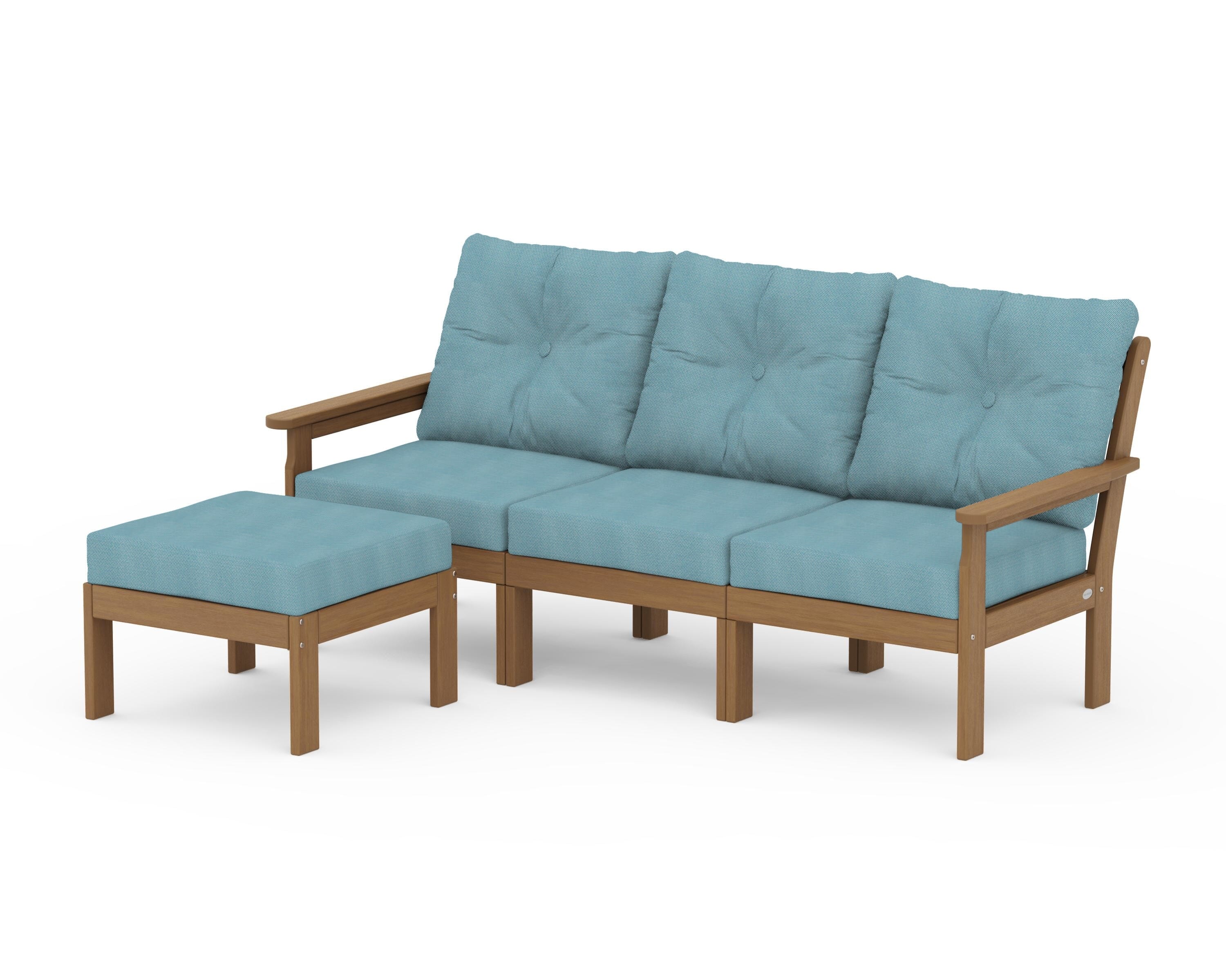 POLYWOOD Vineyard 4-Piece Sectional with Ottoman in Natural / Lattice Sky Blue
