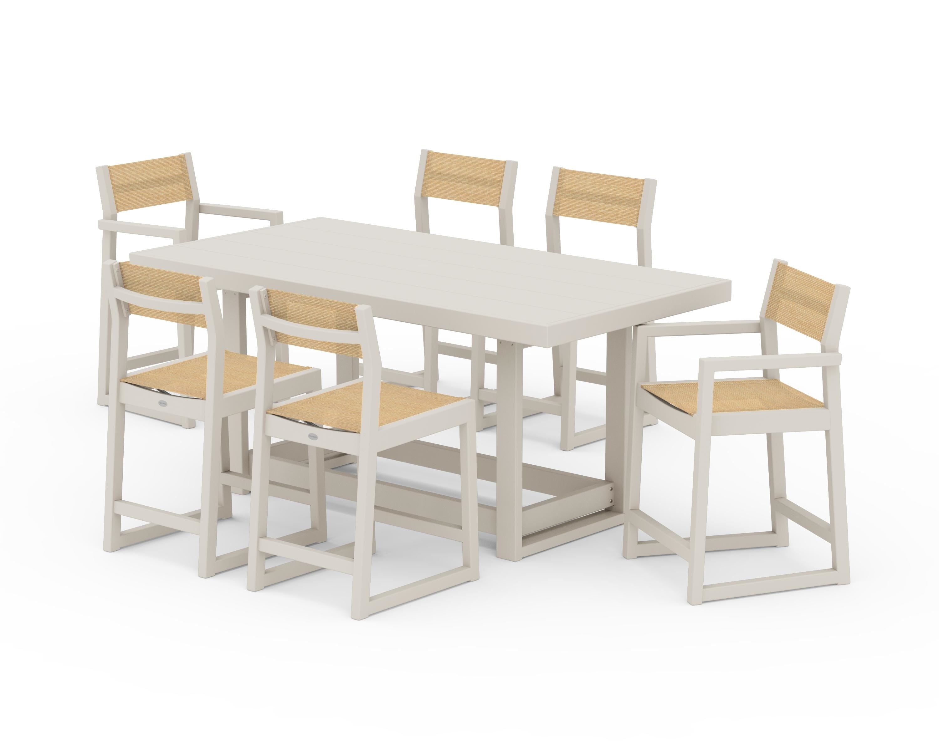 POLYWOOD EDGE Sling 7-Piece Counter Table Set in Sand / Dupioni Apricot Sling