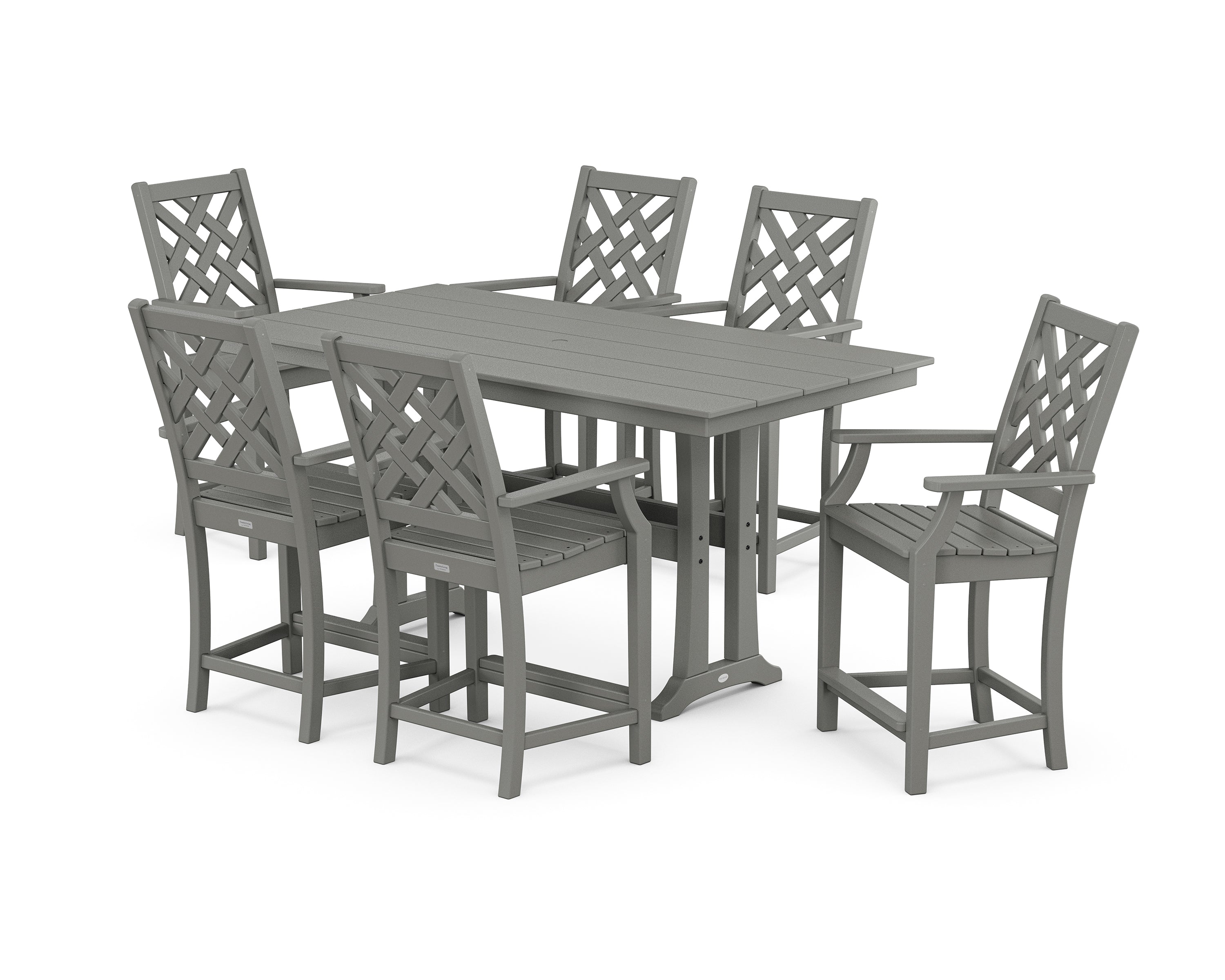 Country Living Wovendale Arm Chair 7-Piece Farmhouse Counter Set with Trestle Legs in Slate Grey