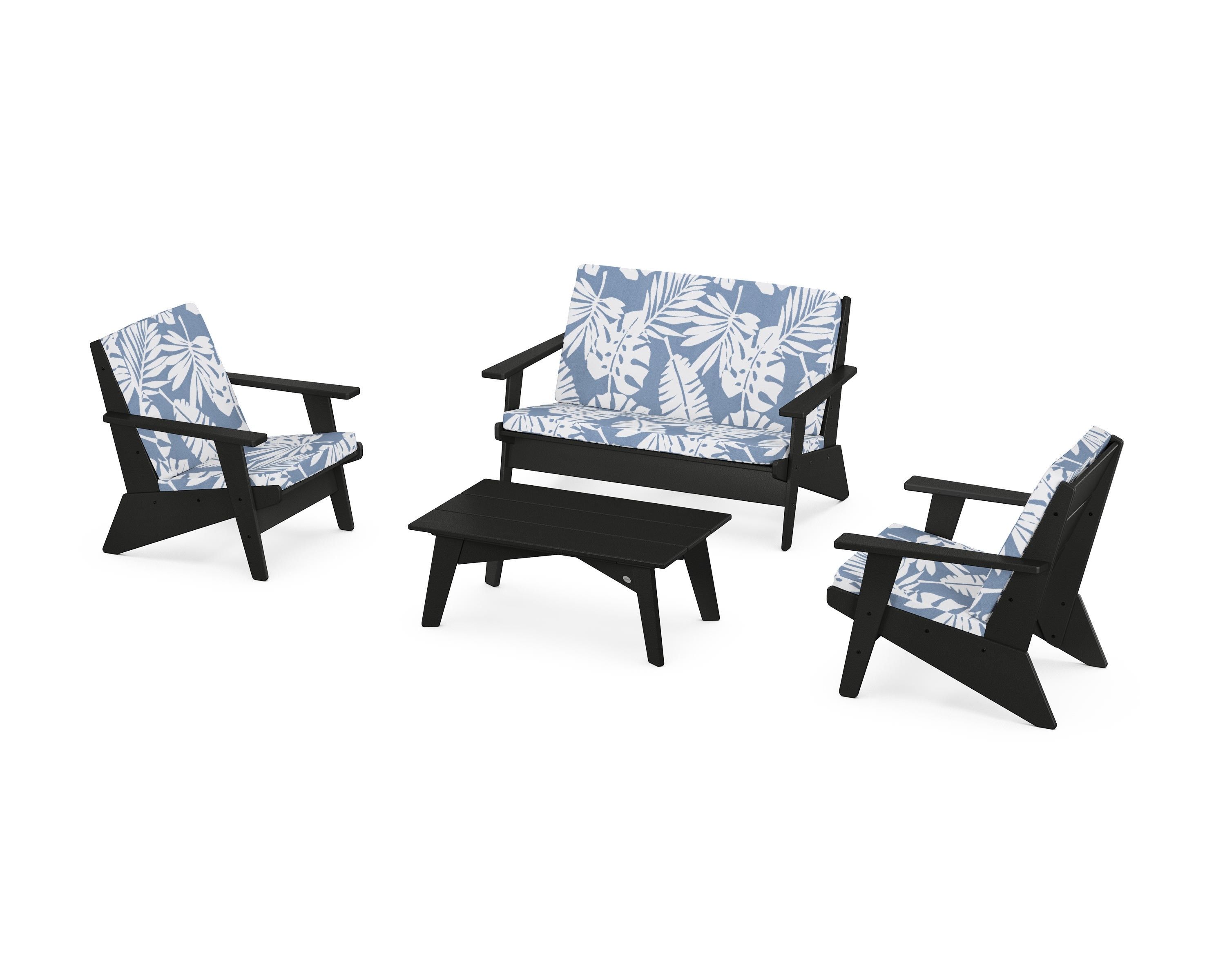 POLYWOOD Riviera Modern Lounge 4-Piece Set in Black / Leaf Sky Blue