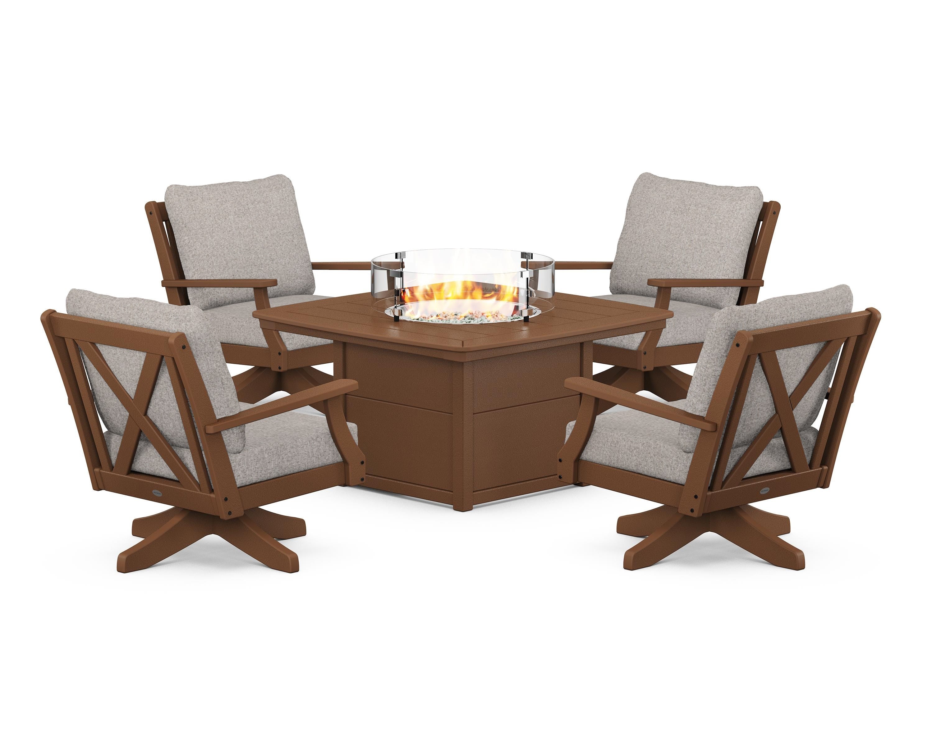 POLYWOOD Braxton 5-Piece Deep Seating Swivel Conversation Set with Fire Pit Table in Teak / Weathered Tweed