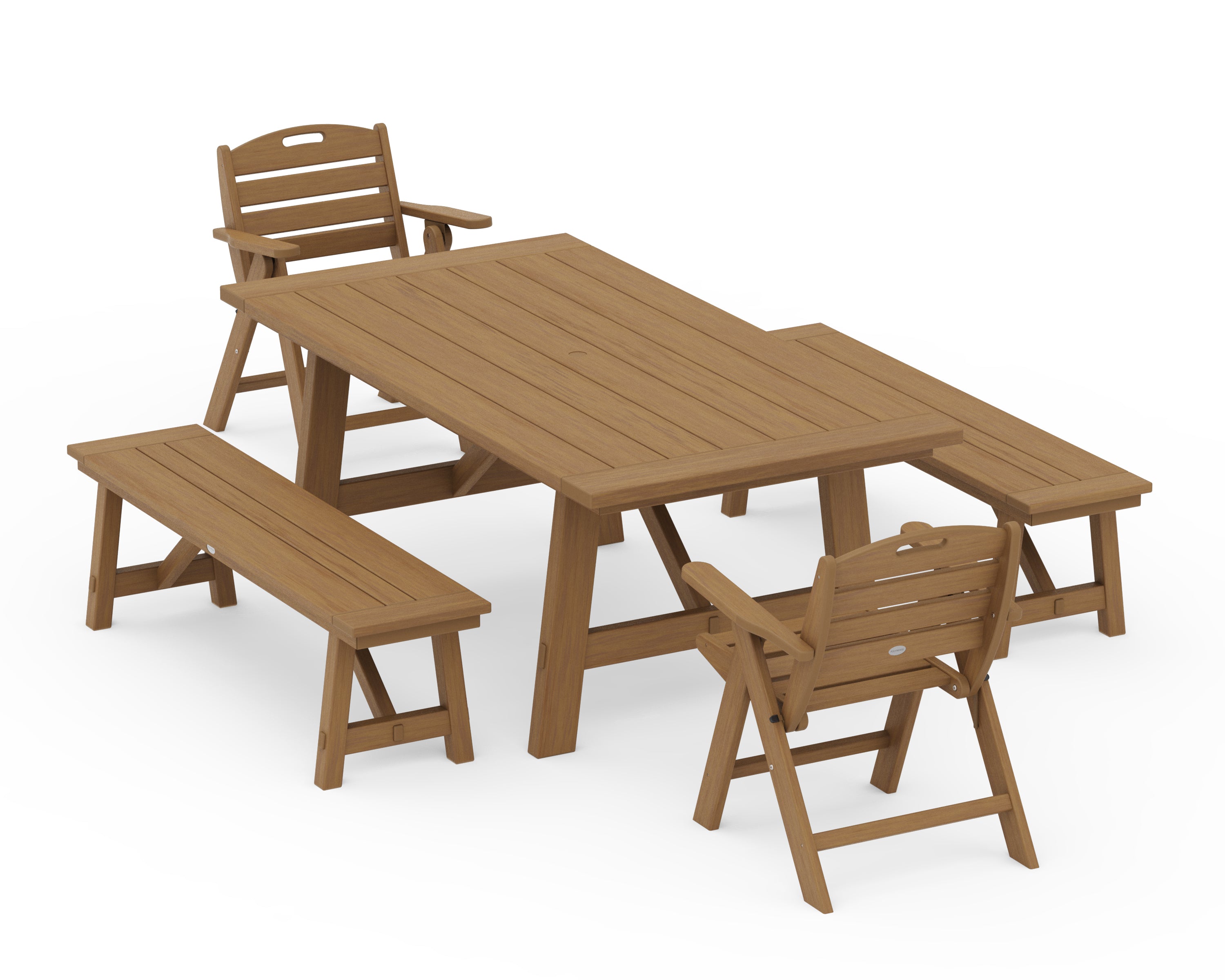 POLYWOOD Nautical Folding Lowback Chair 5-Piece Rustic Farmhouse Dining Set With Benches in Natural