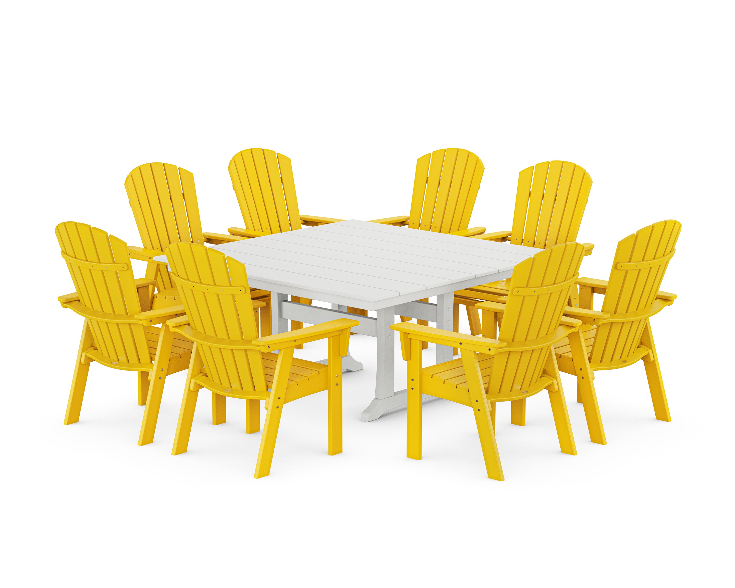 POLYWOOD Nautical Curveback Adirondack 9-Piece Square Dining Set with Trestle Legs in Lemon / White