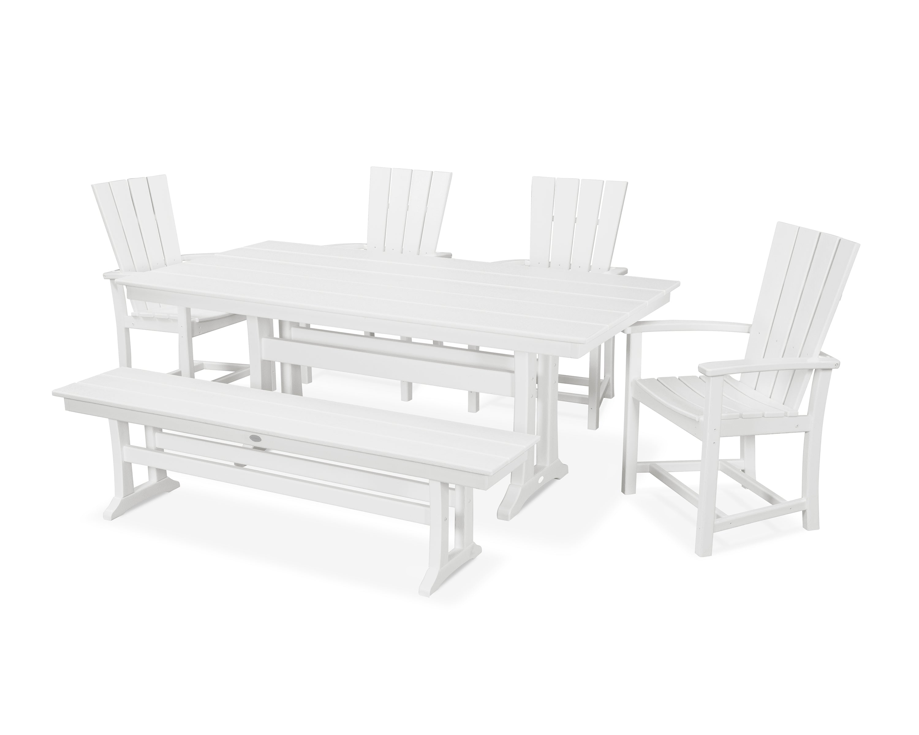 POLYWOOD® Quattro 6-Piece Farmhouse Dining Set with Trestle Legs and Bench in White