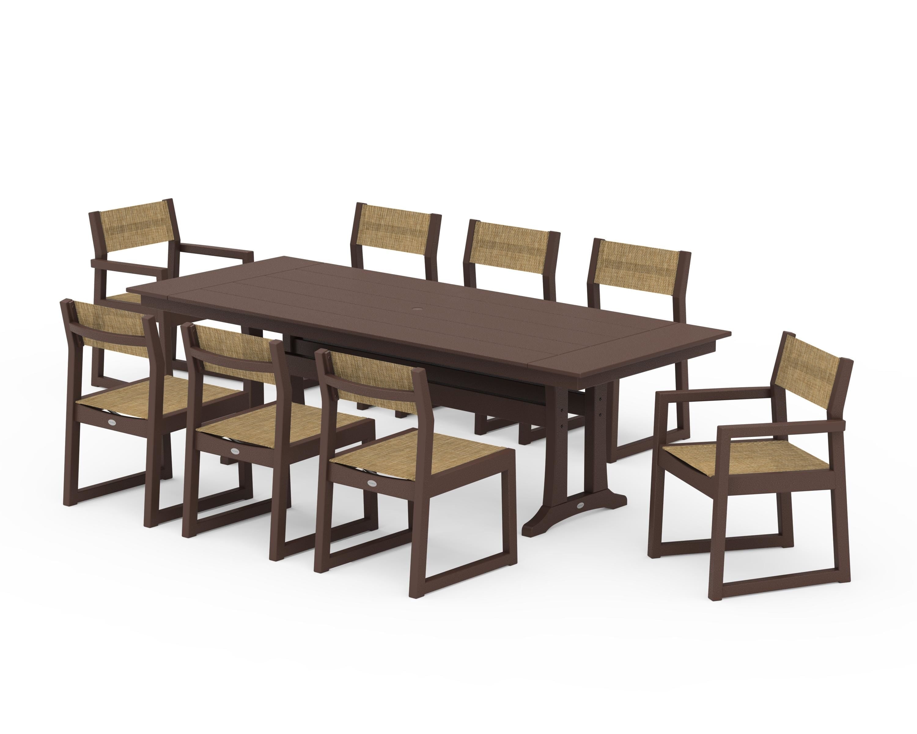 POLYWOOD EDGE Sling 9-Piece Farmhouse Trestle Dining Set in Mahogany / Burlap Sling