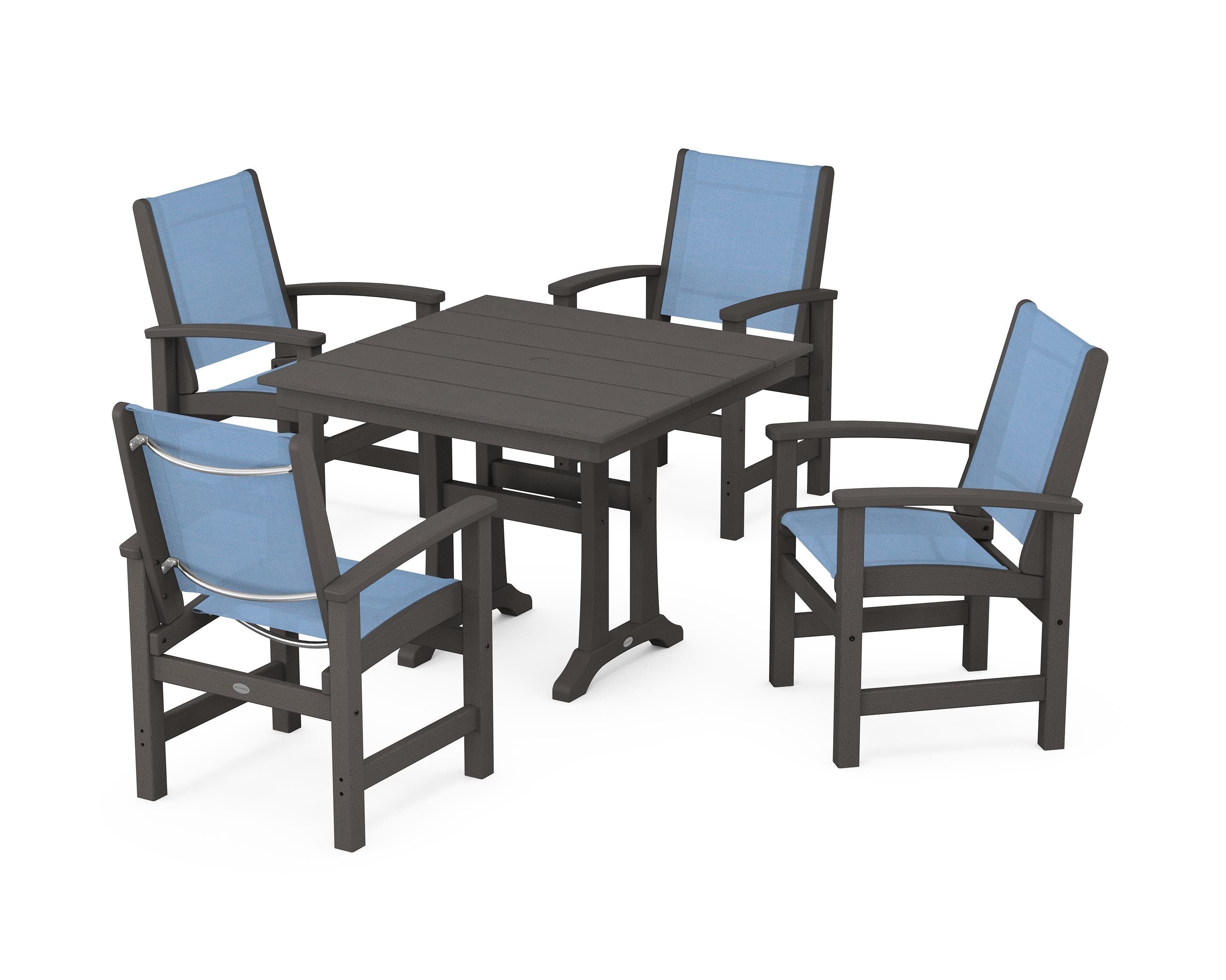 POLYWOOD Coastal 5-Piece Farmhouse Dining Set With Trestle Legs in Vintage Coffee / Poolside Sling