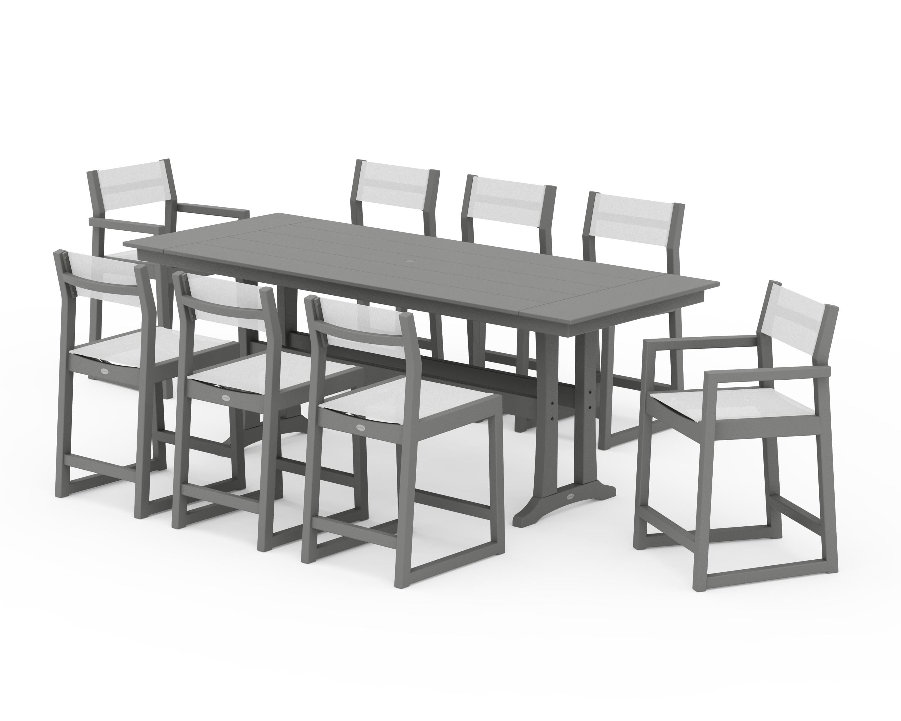 POLYWOOD EDGE Sling 9-Piece Farmhouse Counter Set with Trestle Legs in Slate Grey / White Sling