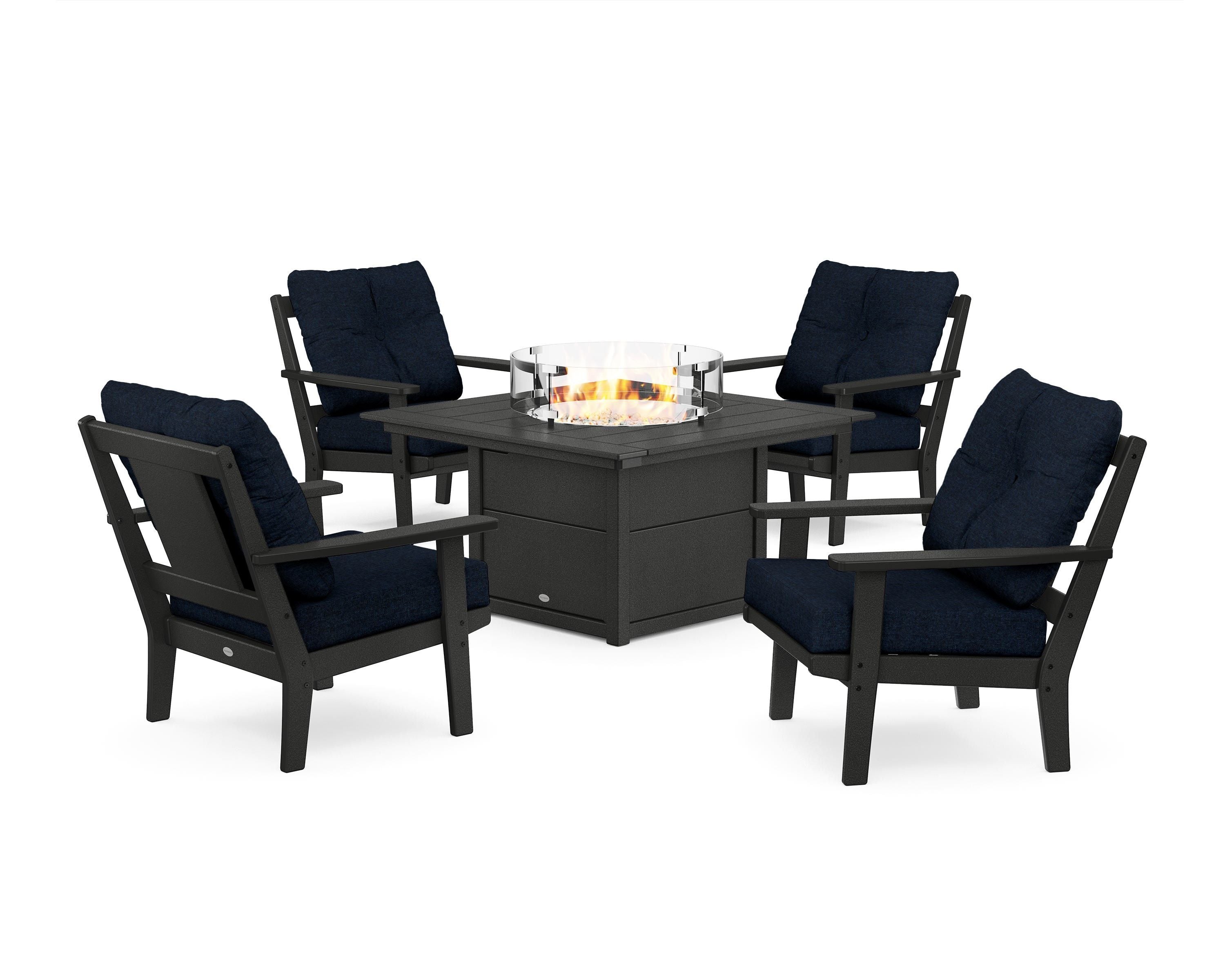 POLYWOOD Prairie 5-Piece Deep Seating Set with Fire Pit Table in Black / Marine Indigo