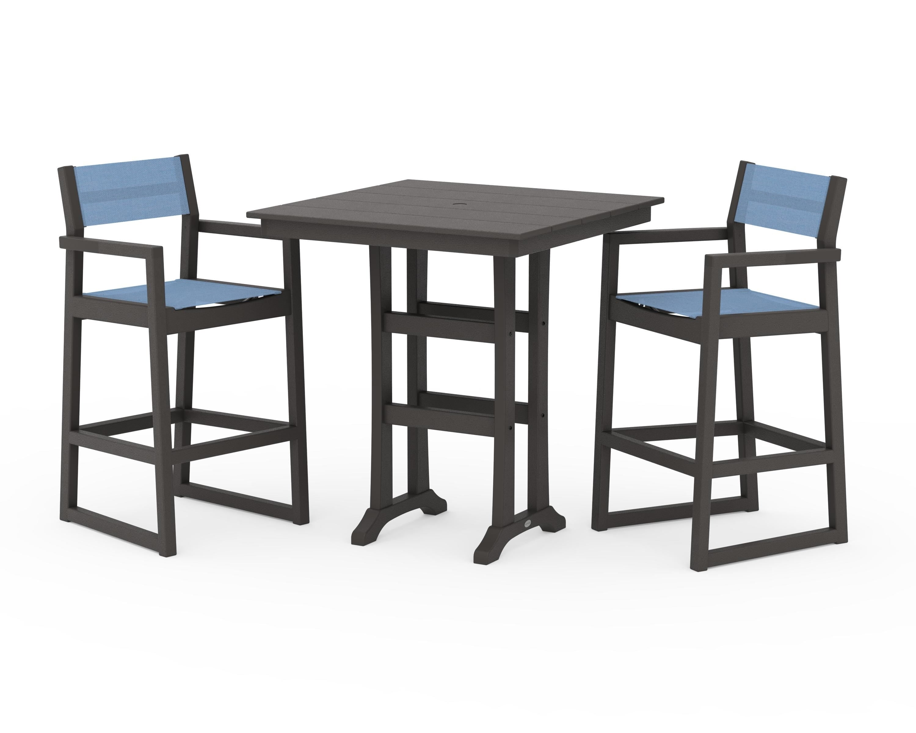 POLYWOOD EDGE Sling Arm Chair 3-Piece Farmhouse Bar Set with Trestle Legs in Vintage Coffee / Poolside Sling