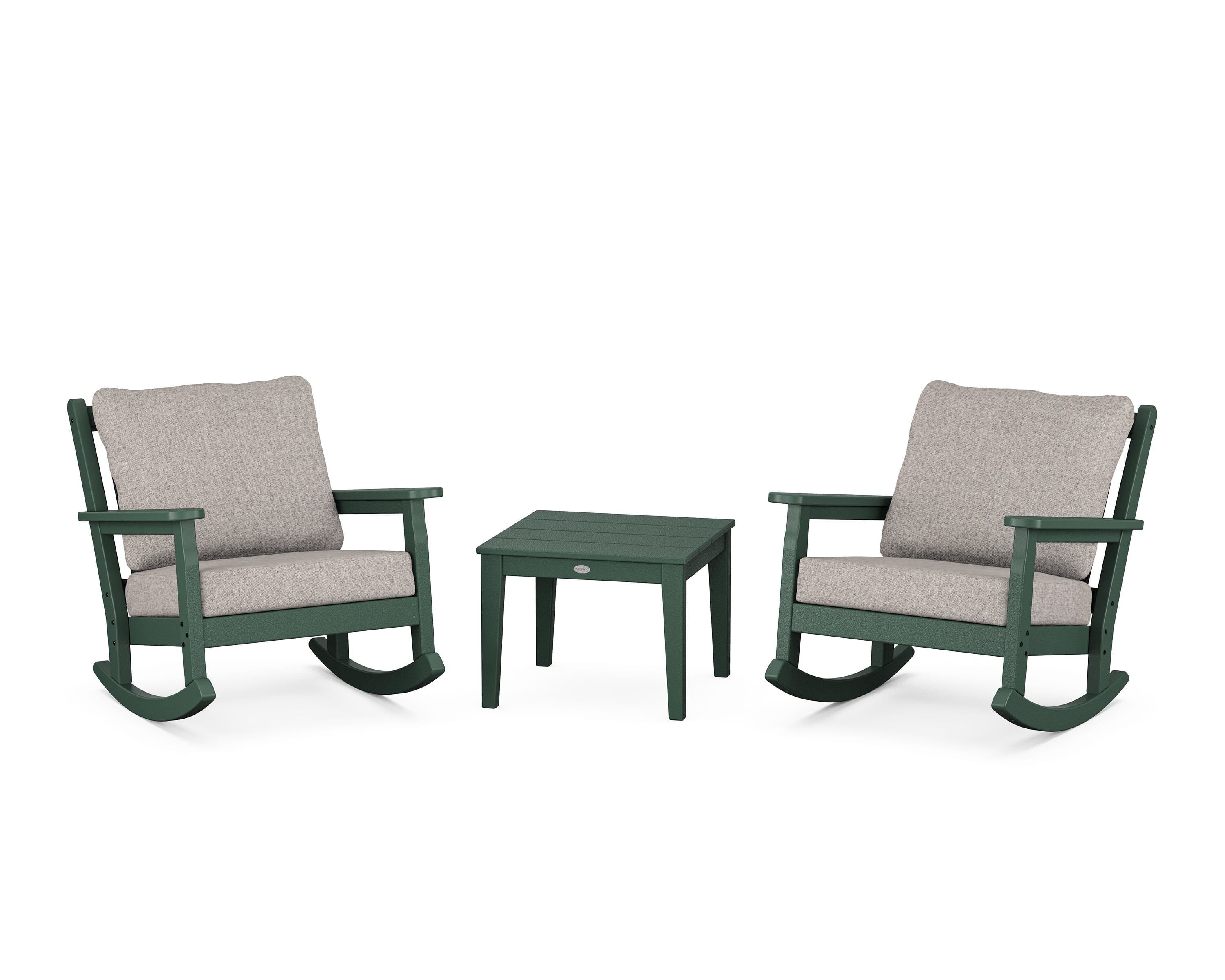 POLYWOOD Chippendale 3-Piece Deep Seating Rocker Set in Green / Weathered Tweed