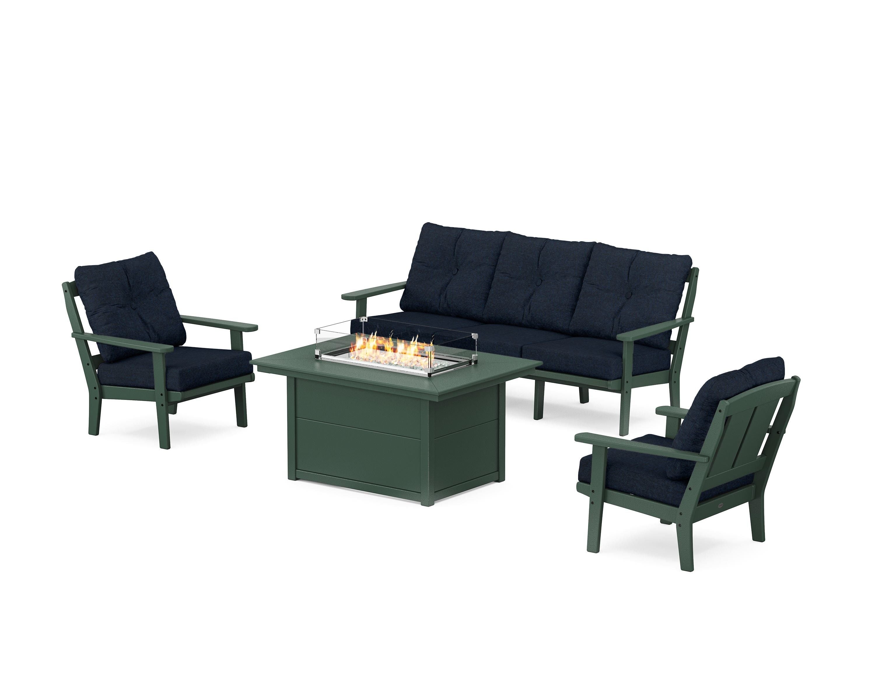 POLYWOOD Mission Deep Seating Fire Pit Table Set in Green / Marine Indigo