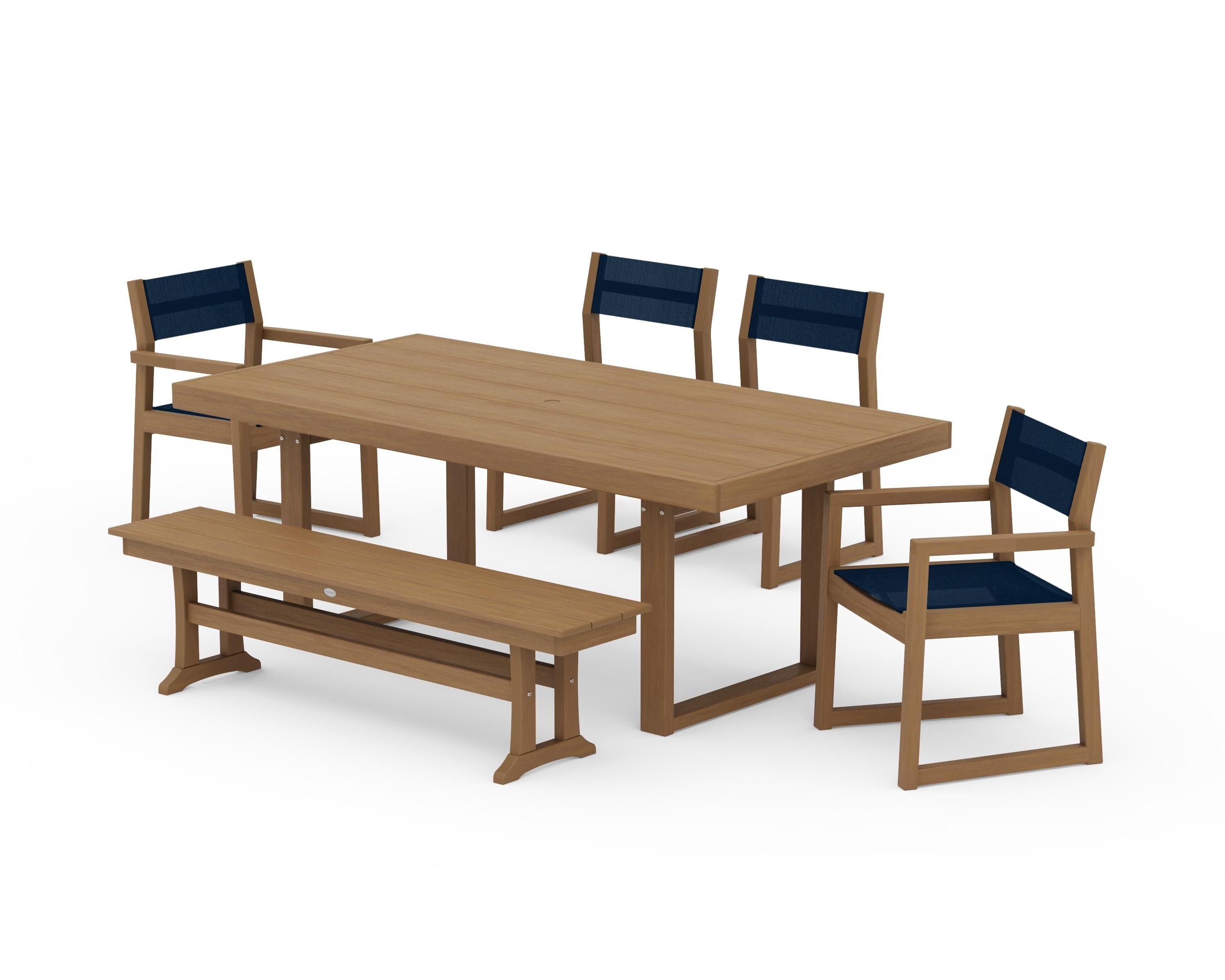 POLYWOOD EDGE Sling 6-Piece Dining Set with Bench in Natural / Navy Blue Sling